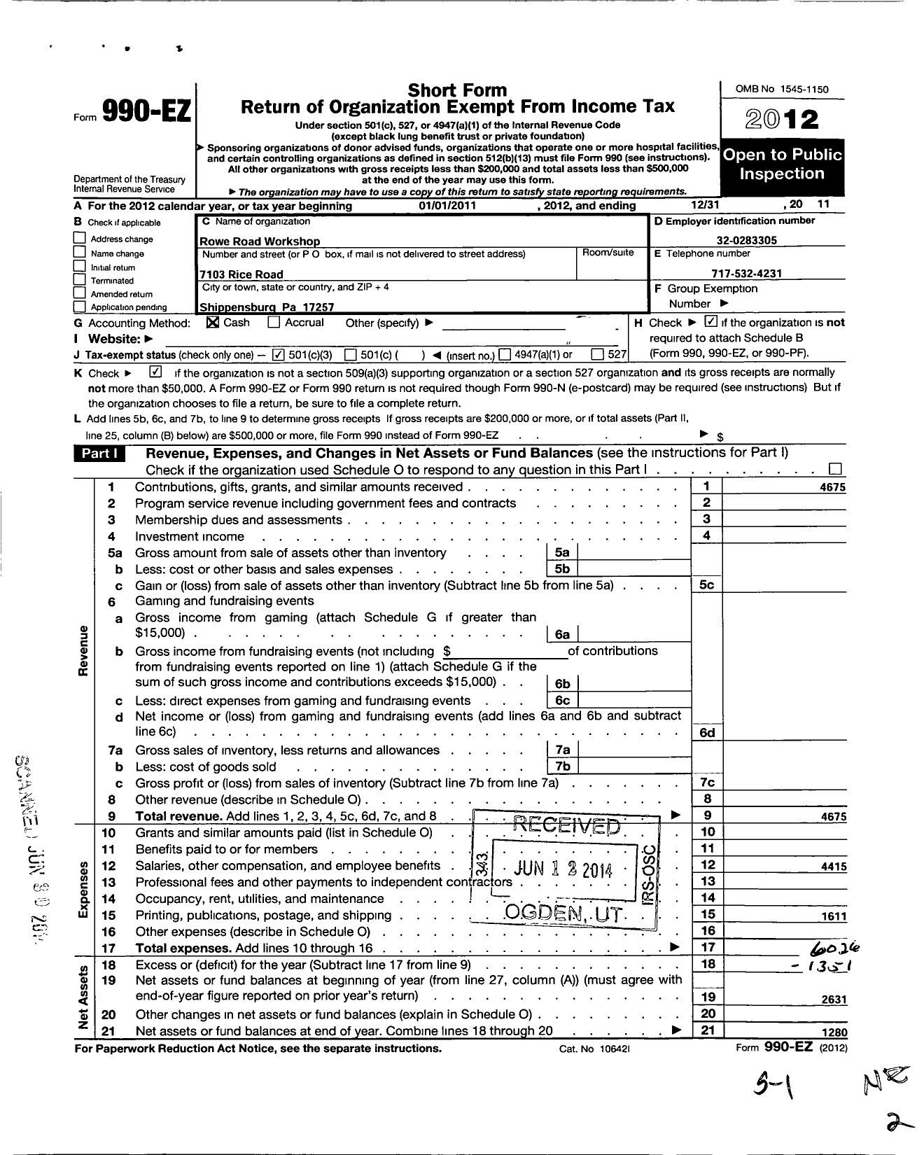 Image of first page of 2011 Form 990EZ for Rowe Road Workshop