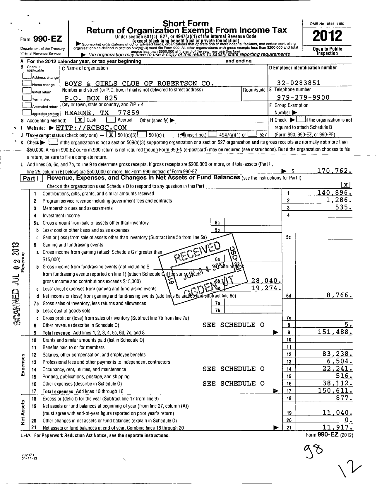 Image of first page of 2012 Form 990EZ for Boys and Girls Club of Robertson County