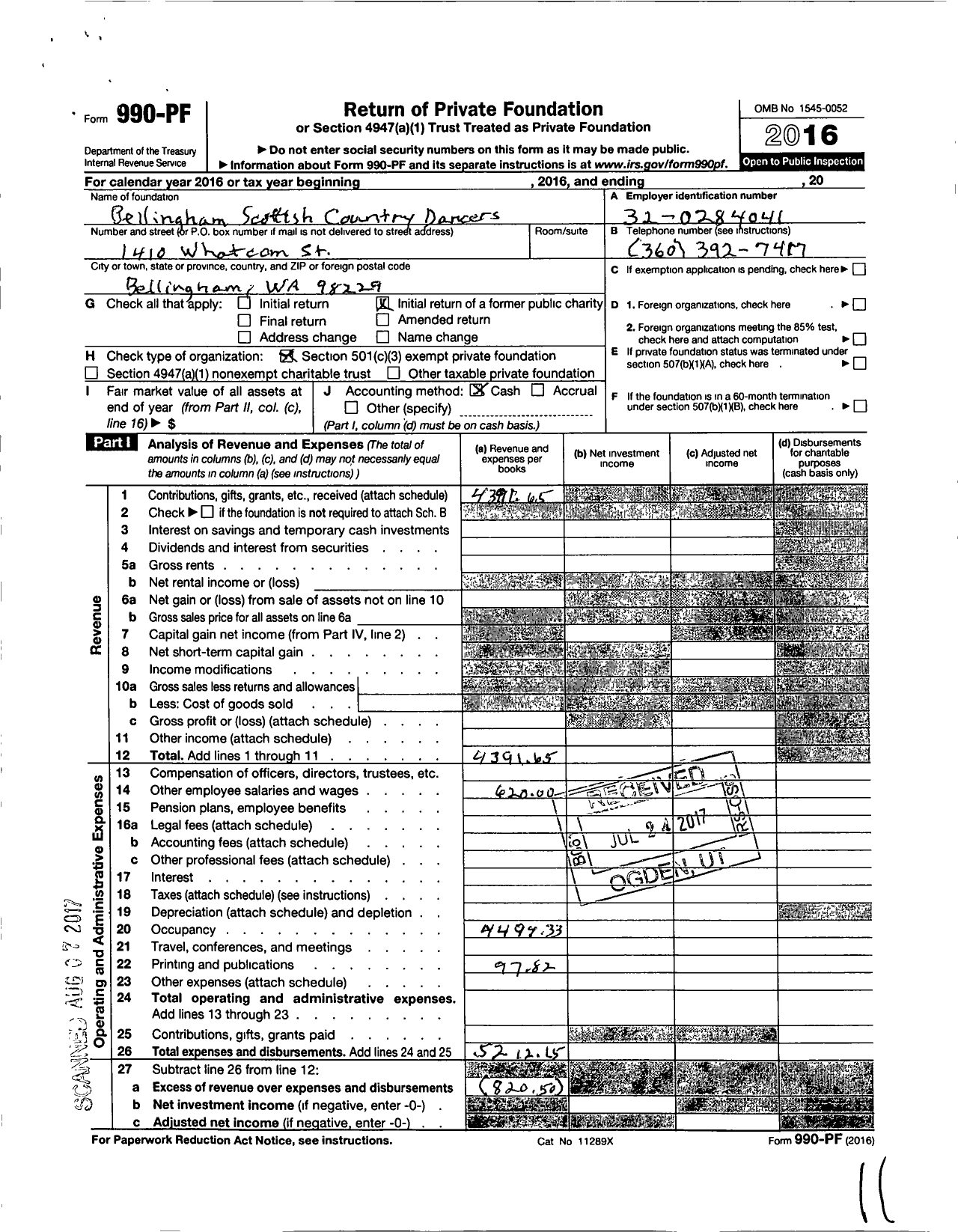 Image of first page of 2016 Form 990PF for Bellingham Scottish Country Dancers