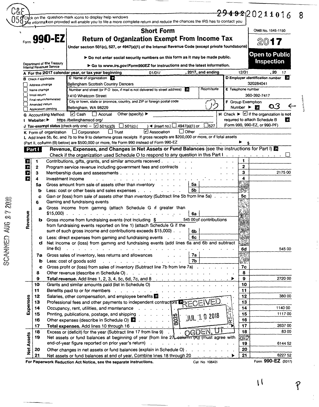 Image of first page of 2017 Form 990EZ for Bellingham Scottish Country Dancers