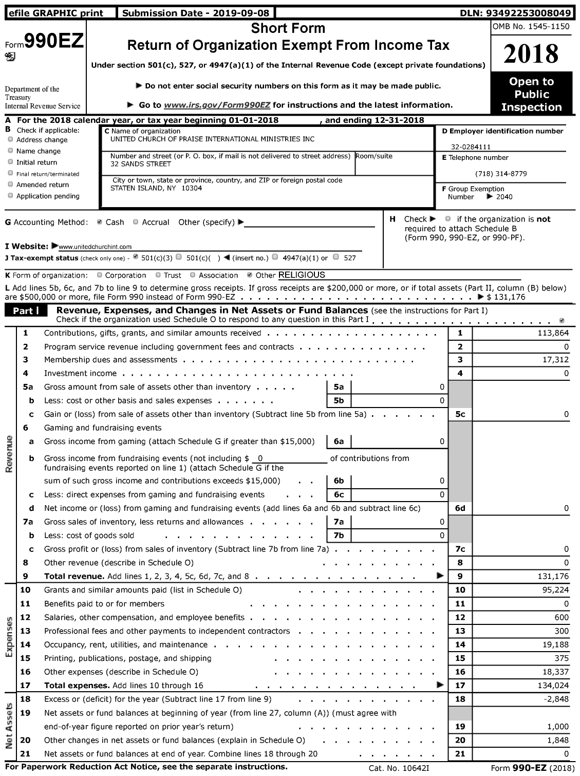 Image of first page of 2018 Form 990EZ for United Church of Praise International Ministries