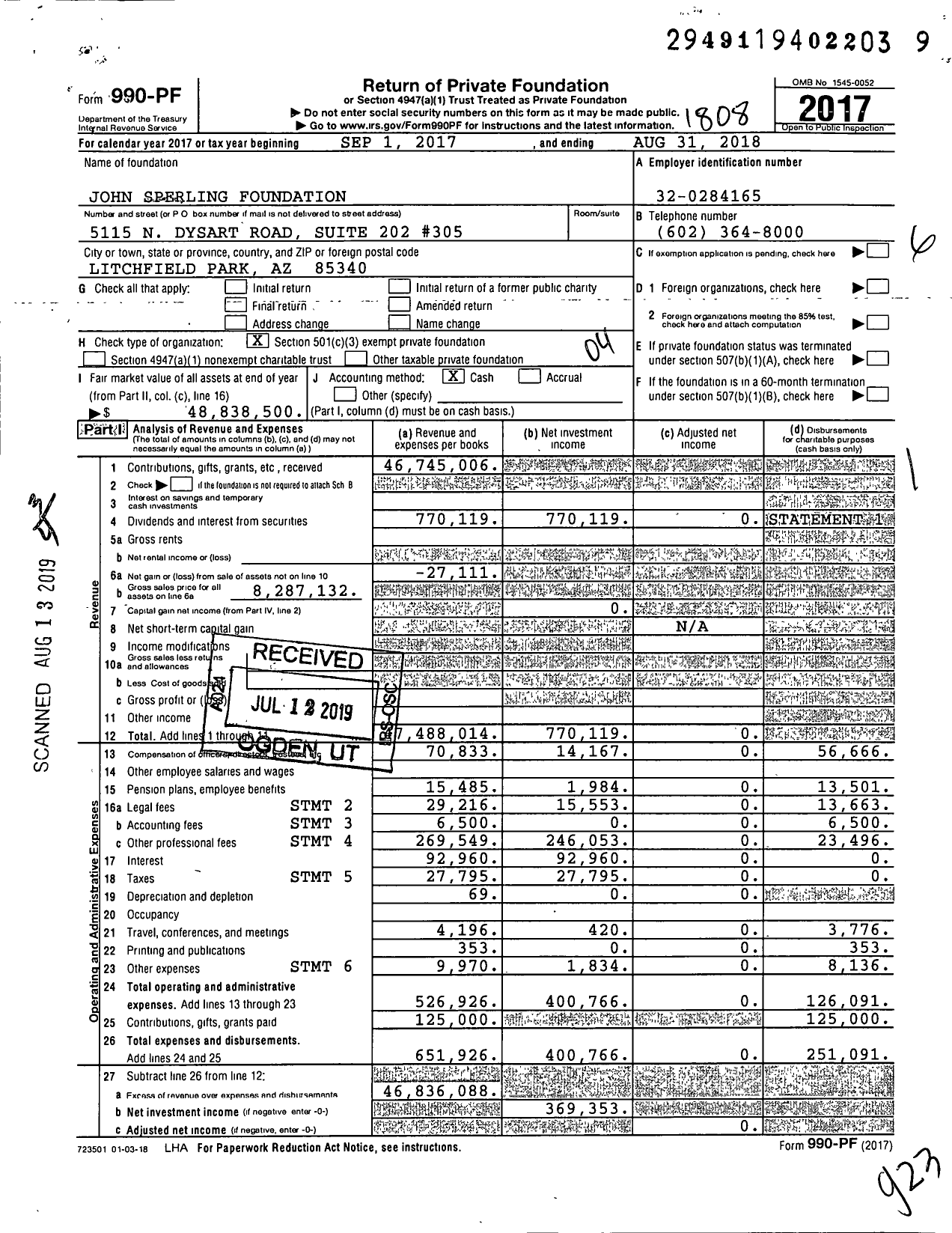Image of first page of 2017 Form 990PF for John Sperling Foundation