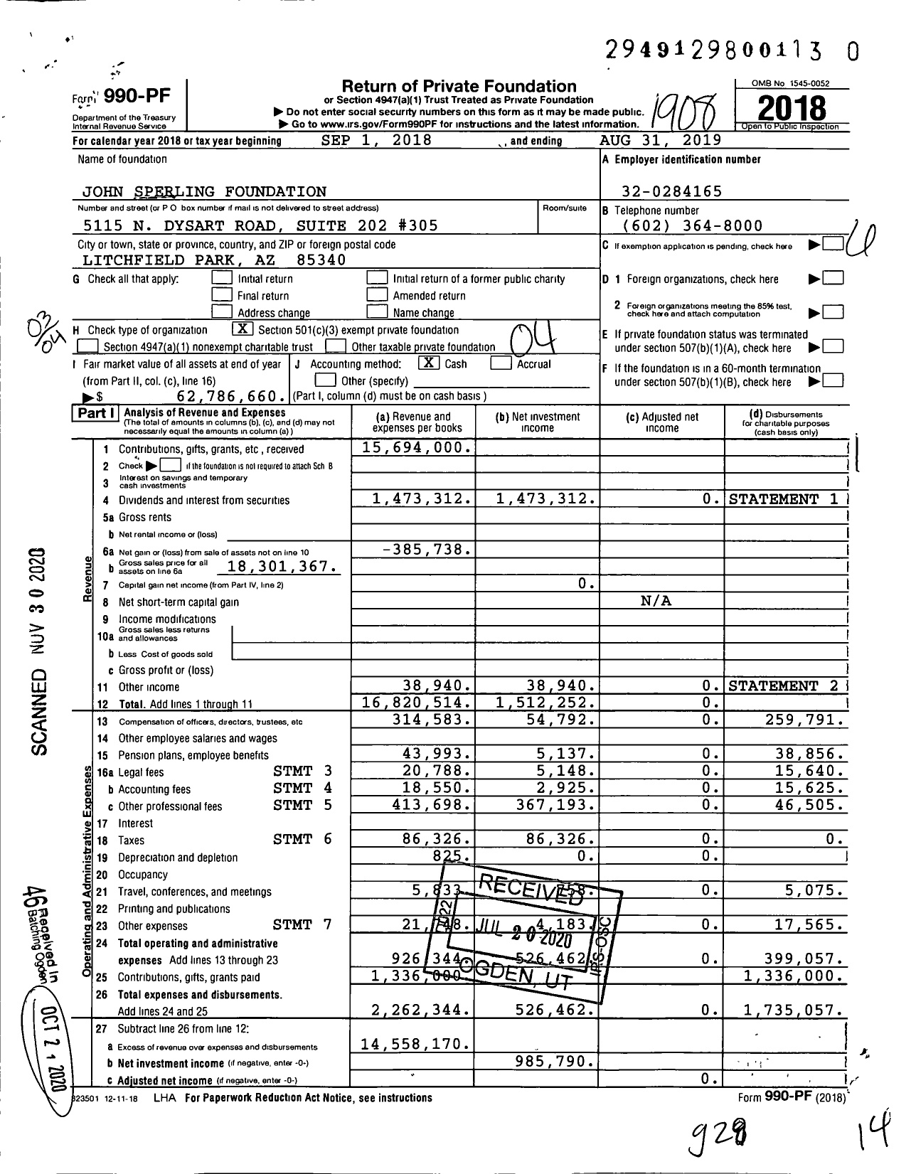 Image of first page of 2018 Form 990PF for John Sperling Foundation