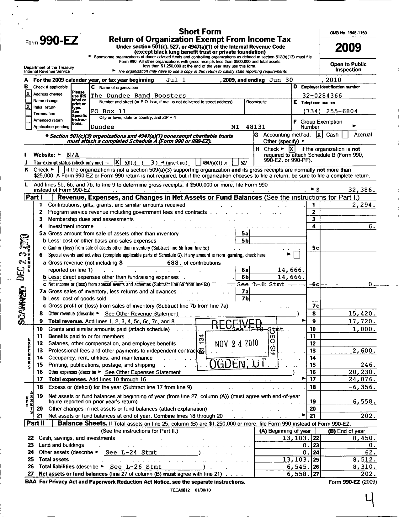 Image of first page of 2009 Form 990EZ for Dundee Band Boosters