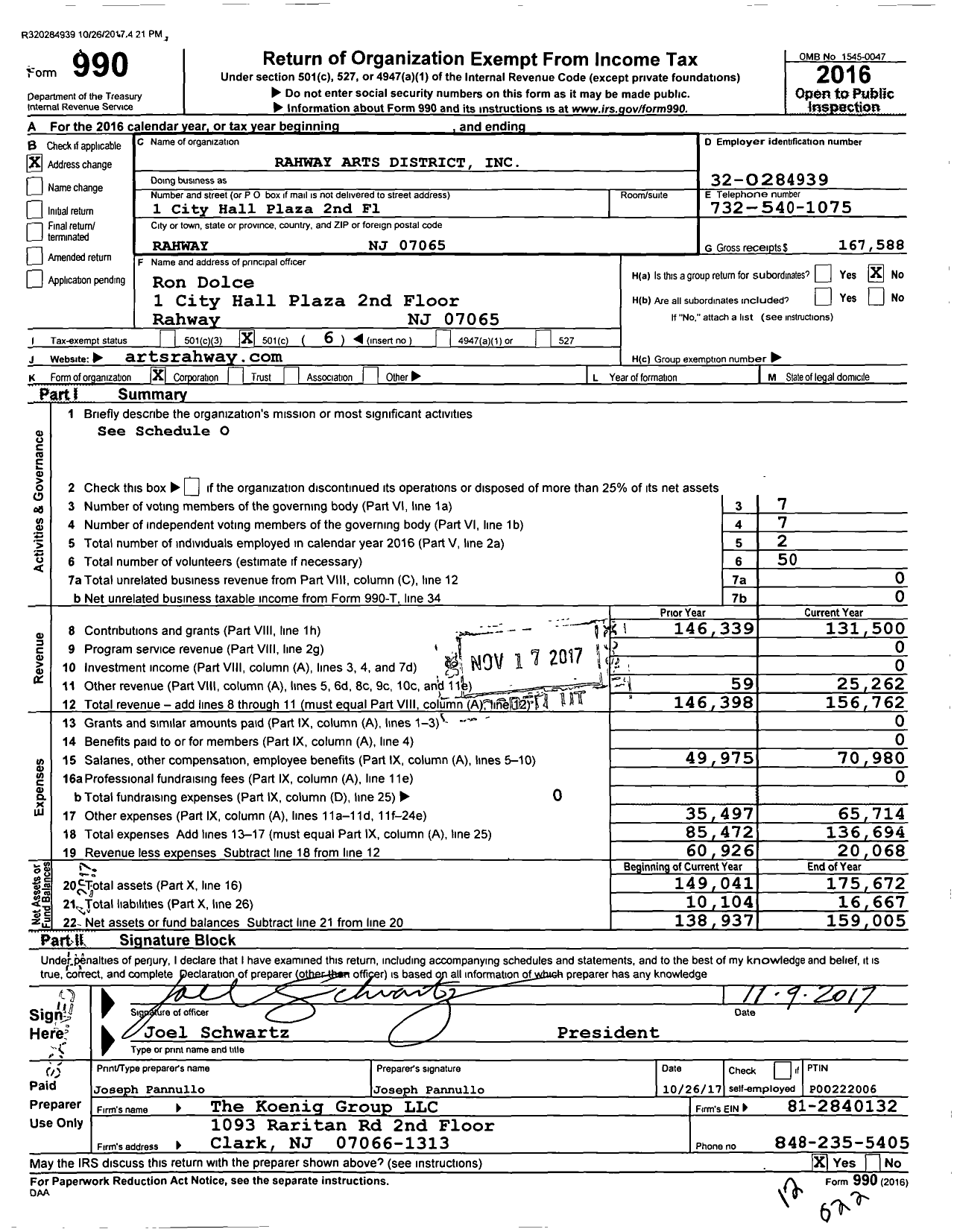 Image of first page of 2016 Form 990O for Rahway Arts District