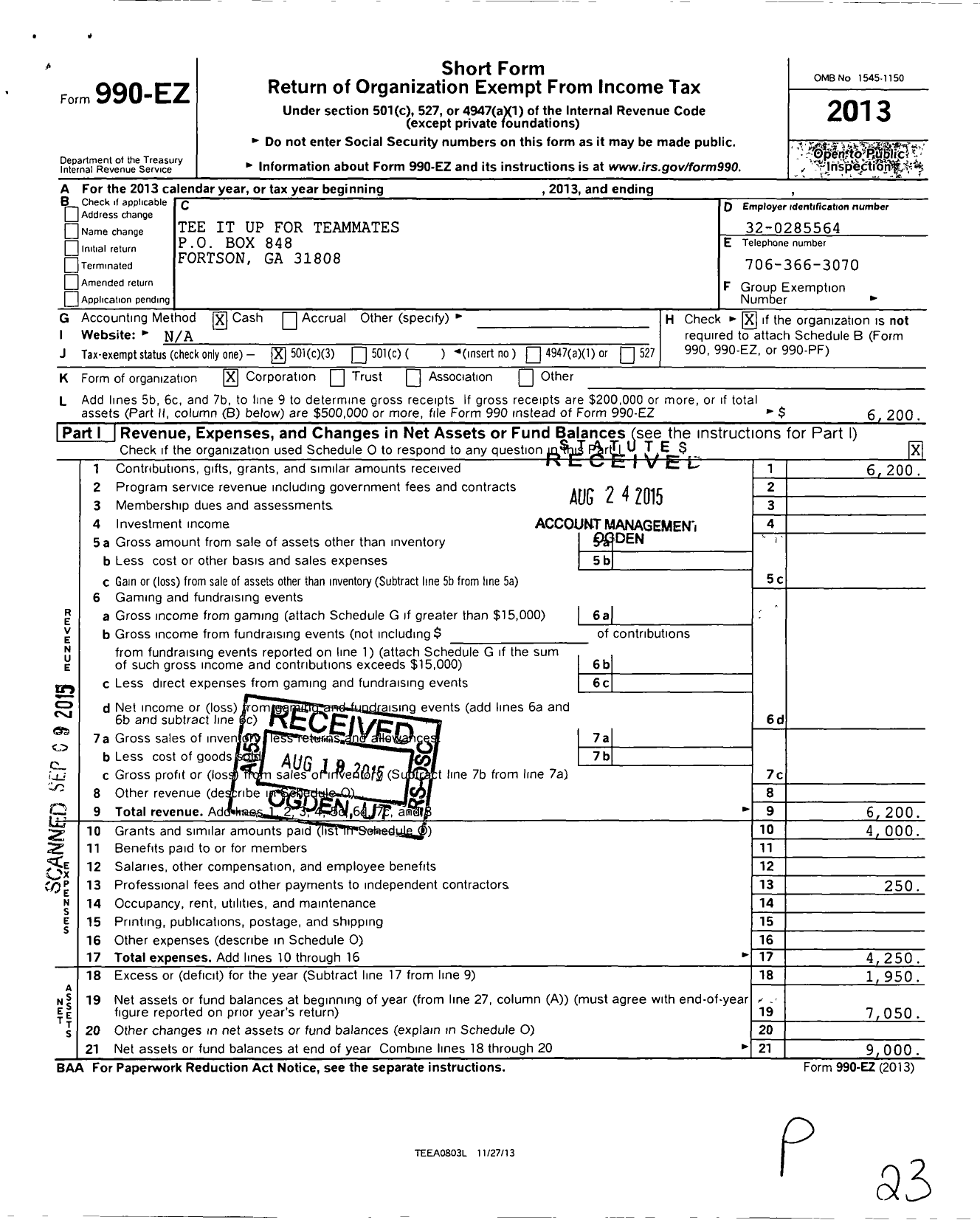 Image of first page of 2013 Form 990EZ for Tee It Up for Teamates