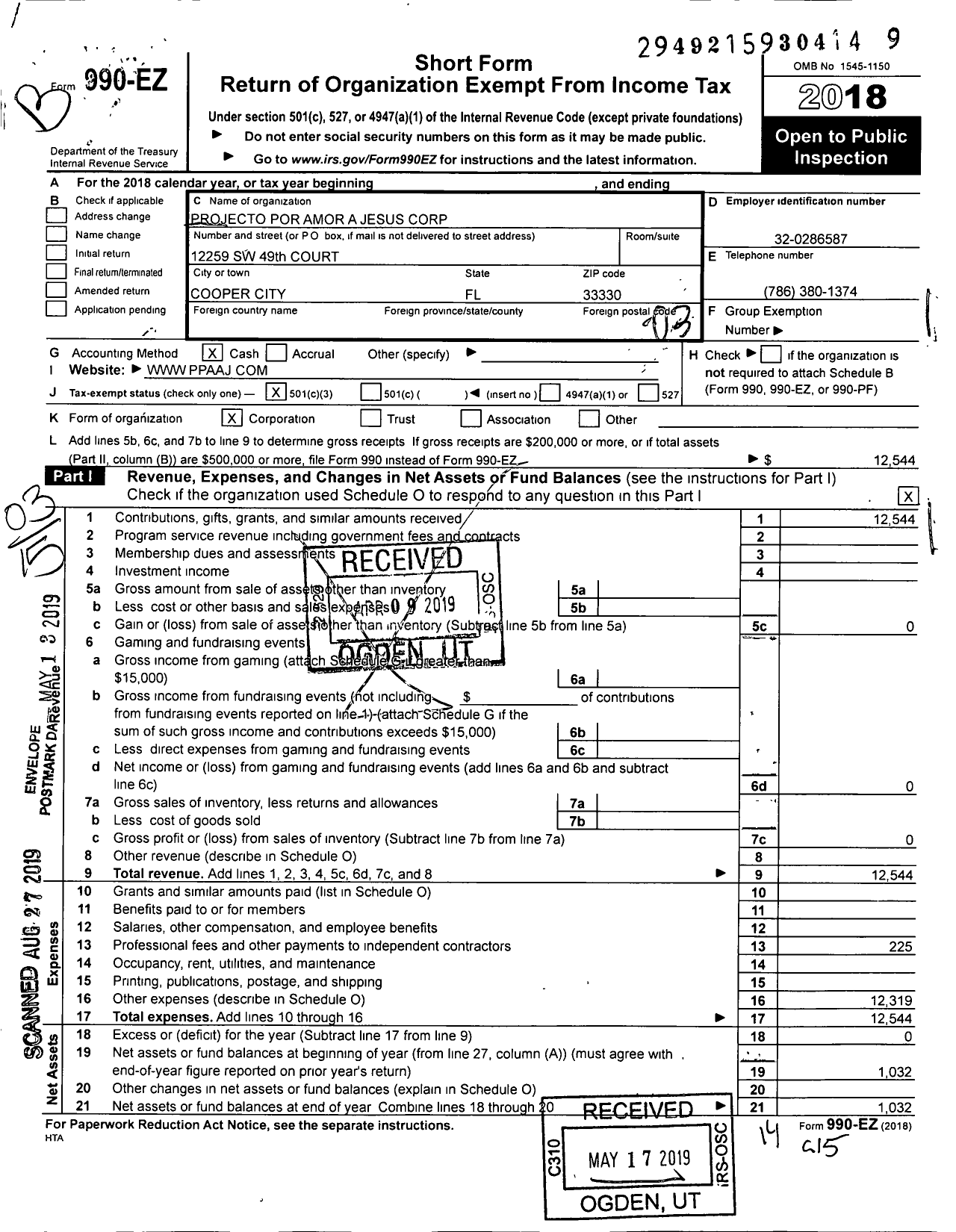 Image of first page of 2018 Form 990EZ for Projecto Por Amor A Jesus Corporation