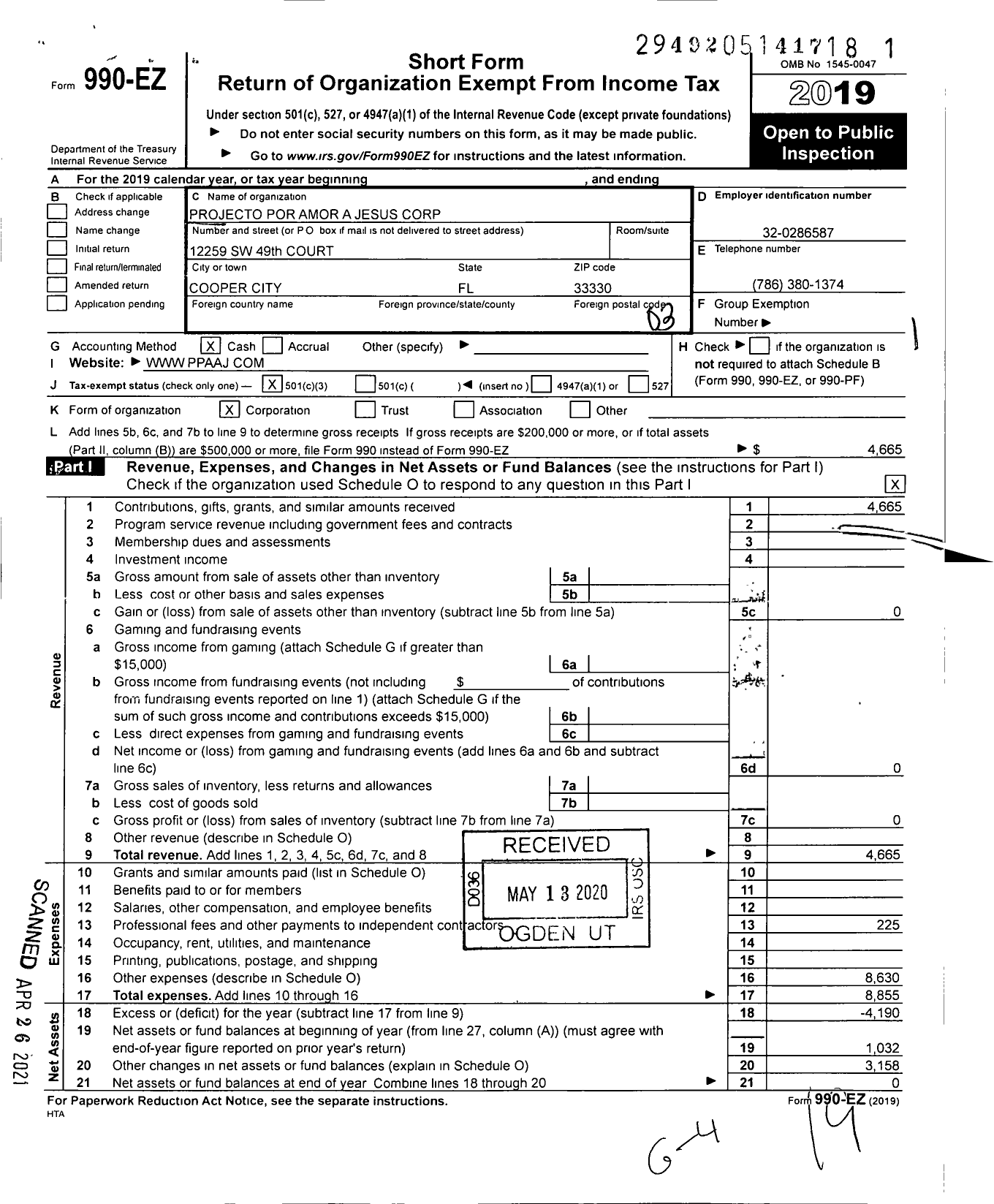 Image of first page of 2019 Form 990EZ for Projecto Por Amor A Jesus Corporation