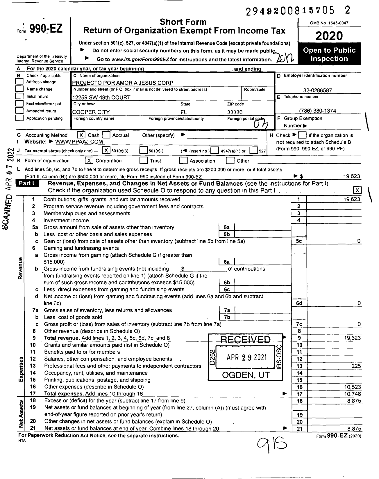 Image of first page of 2020 Form 990EZ for Projecto Por Amor A Jesus Corporation