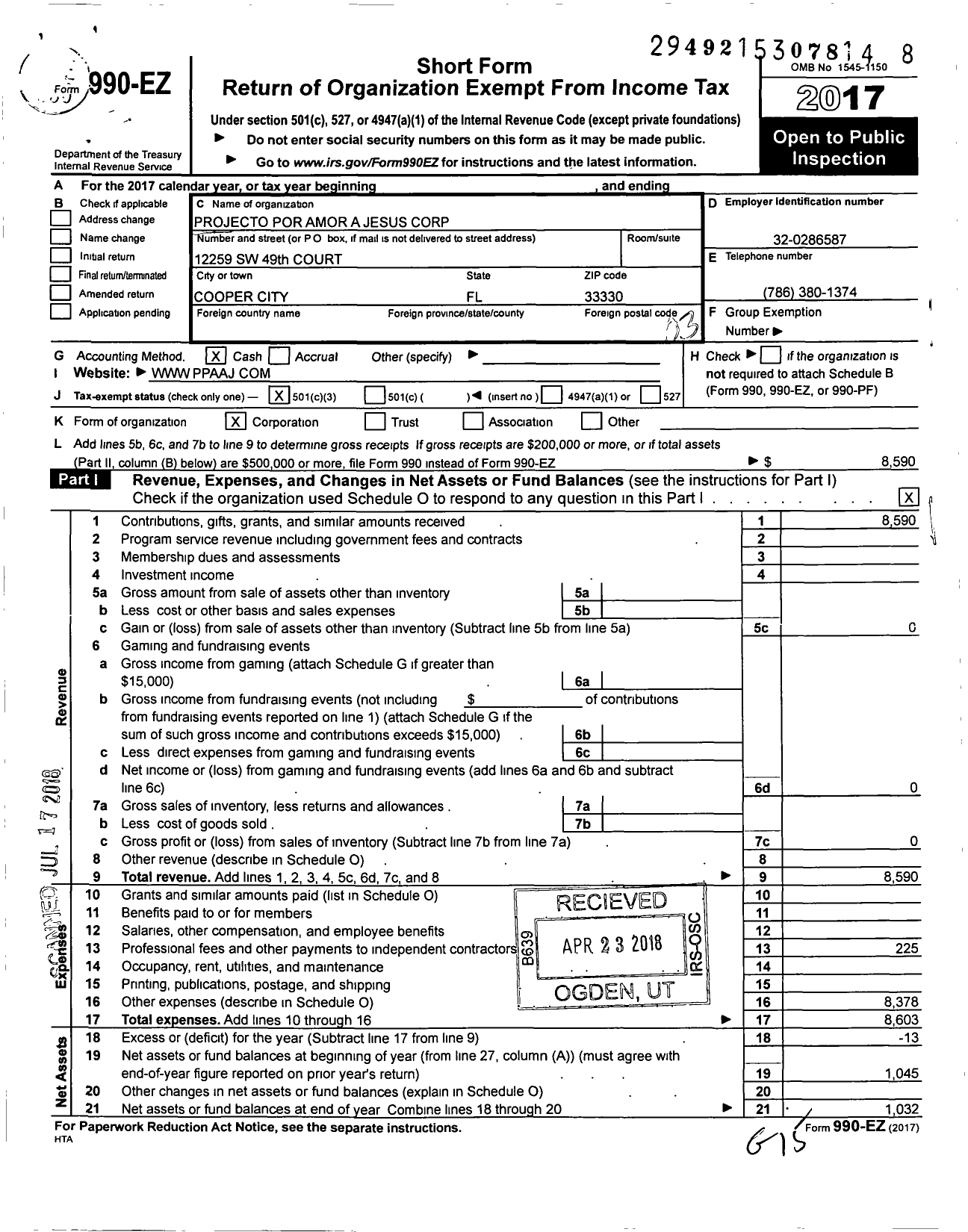 Image of first page of 2017 Form 990EZ for Projecto Por Amor A Jesus Corporation