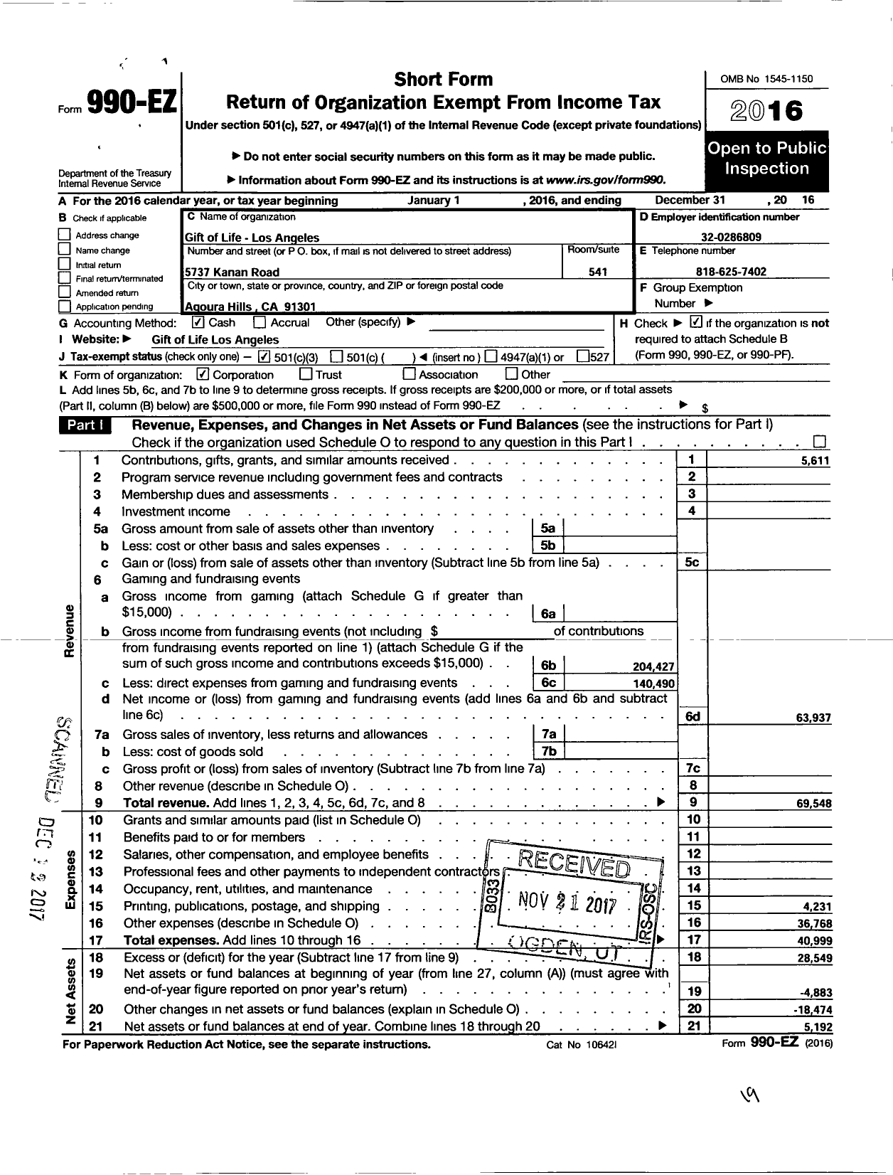 Image of first page of 2016 Form 990EZ for Gift of Life Los Angeles