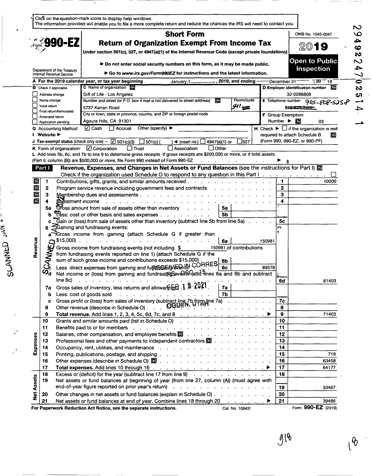 Image of first page of 2019 Form 990EZ for Gift of Life Los Angeles