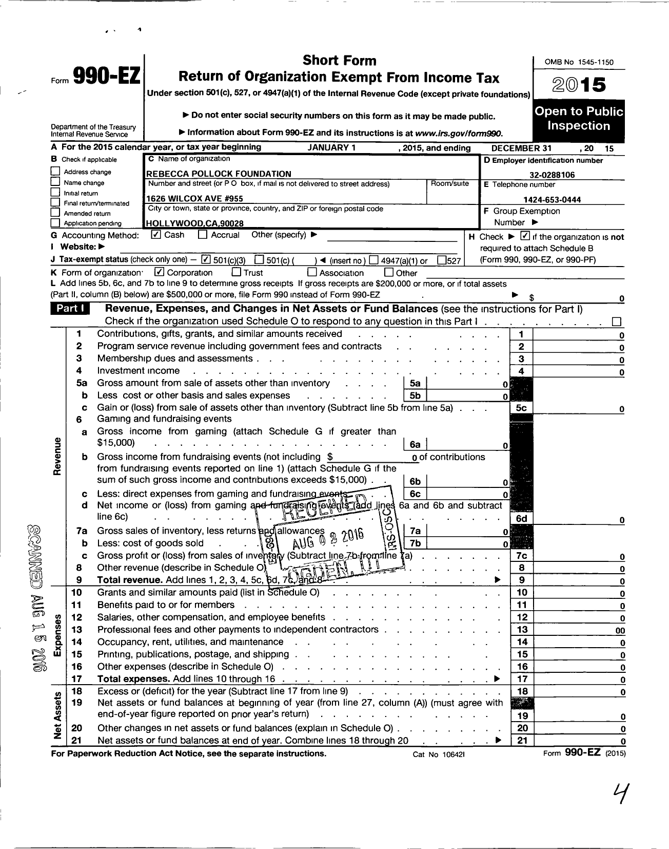 Image of first page of 2015 Form 990EZ for Rebecca Pollock Foundation