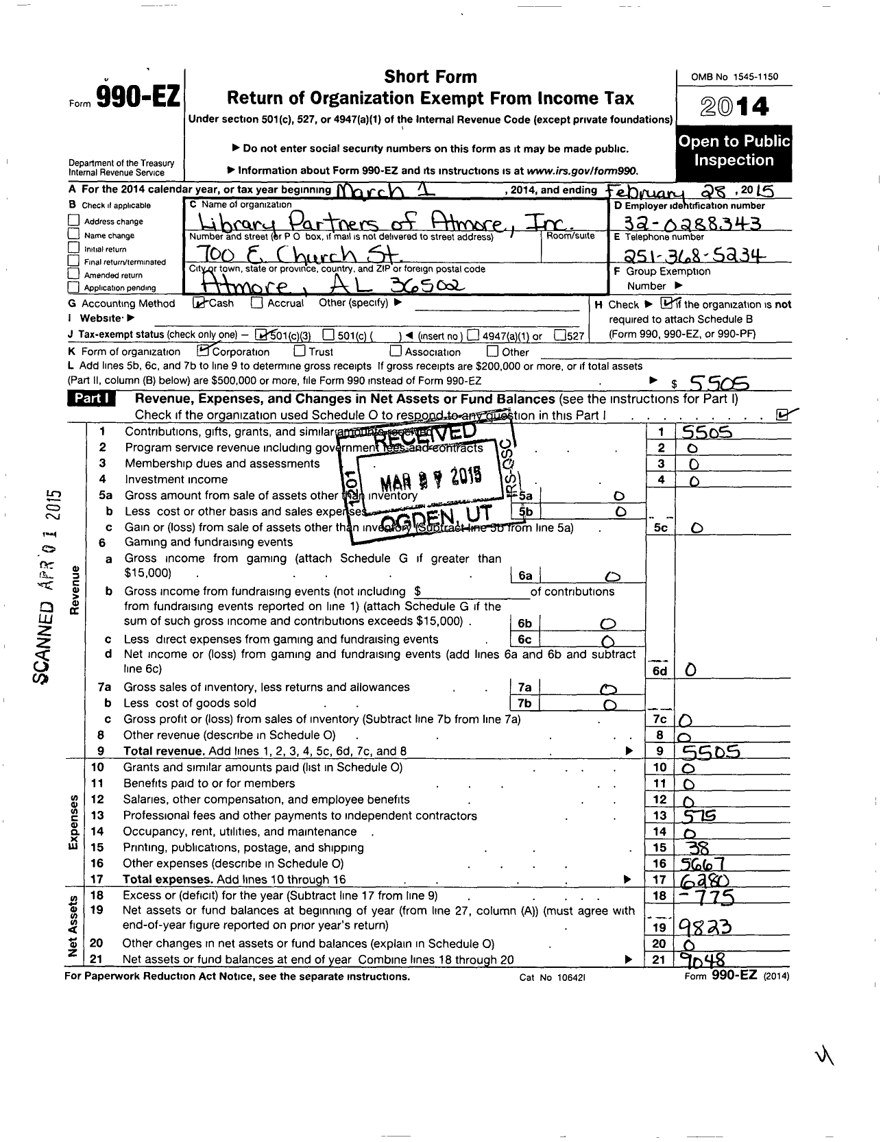 Image of first page of 2014 Form 990EZ for Library Partners of Atmore