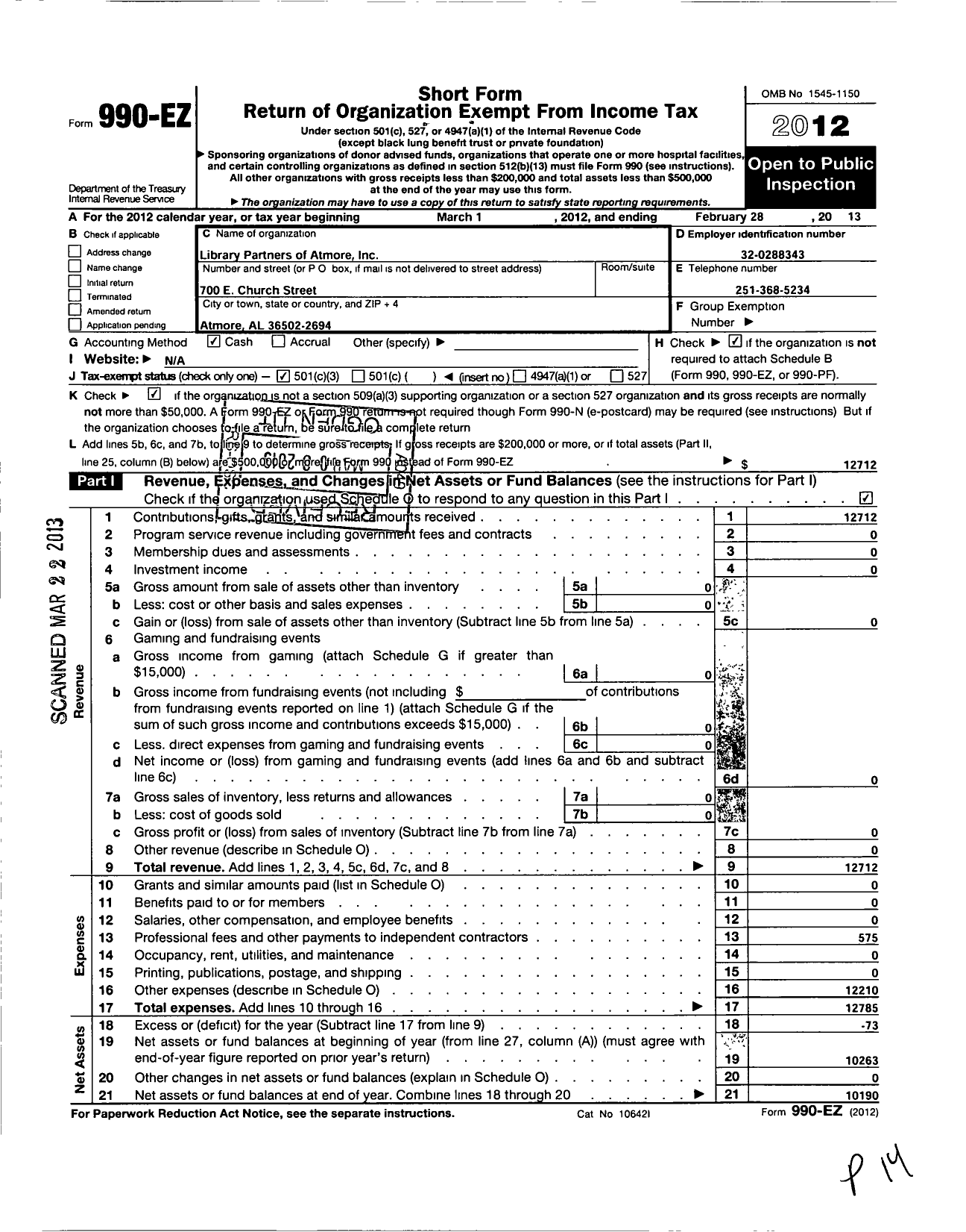 Image of first page of 2012 Form 990EZ for Library Partners of Atmore