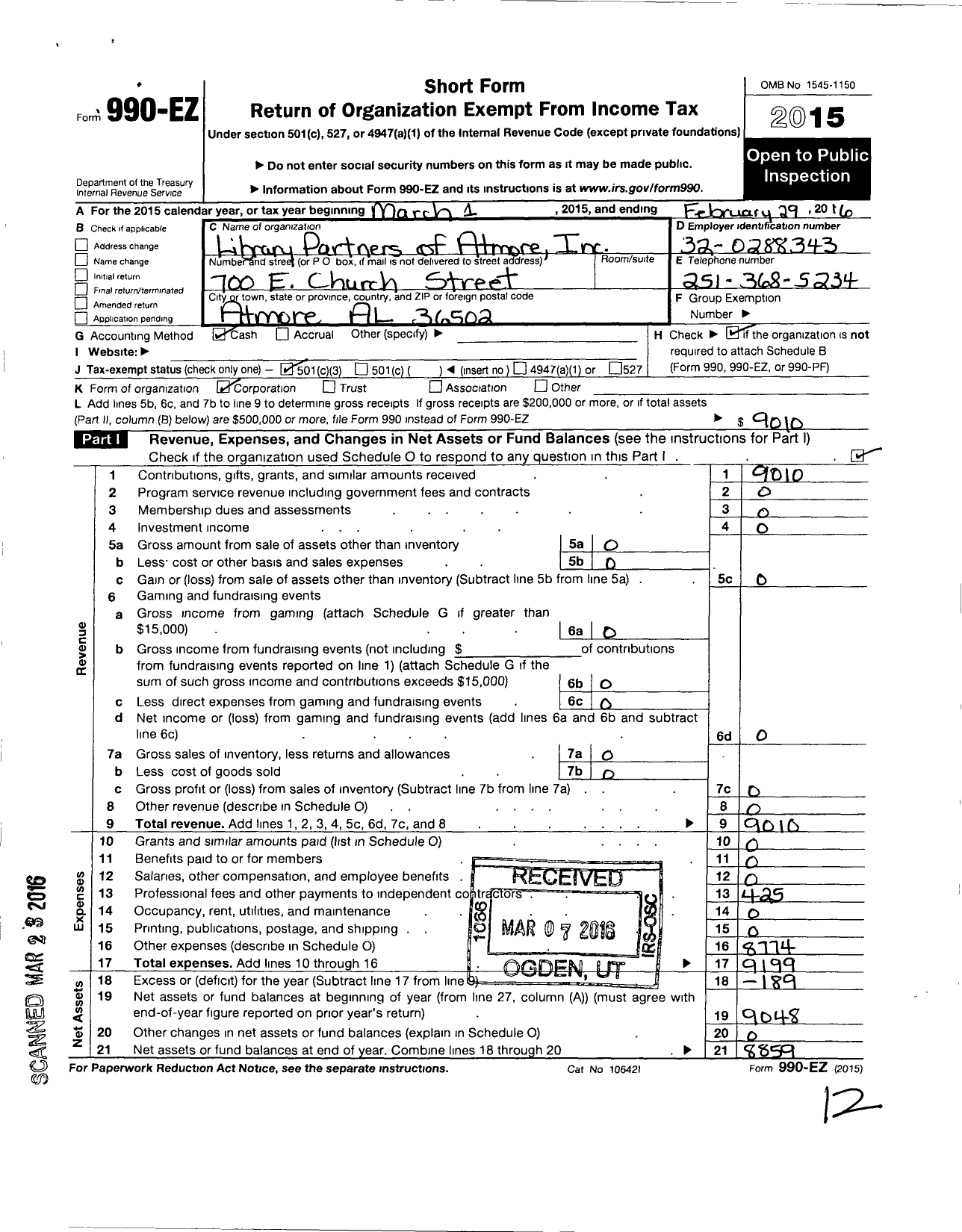 Image of first page of 2015 Form 990EZ for Library Partners of Atmore