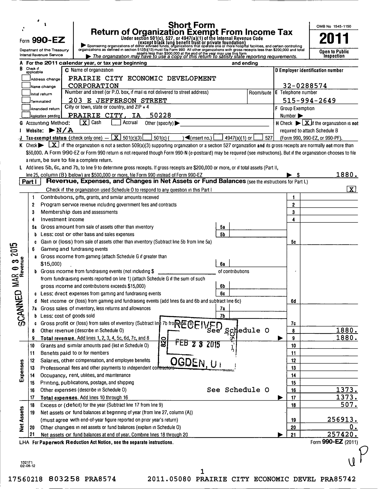 Image of first page of 2011 Form 990EZ for Prairie City Economic Development Corporation