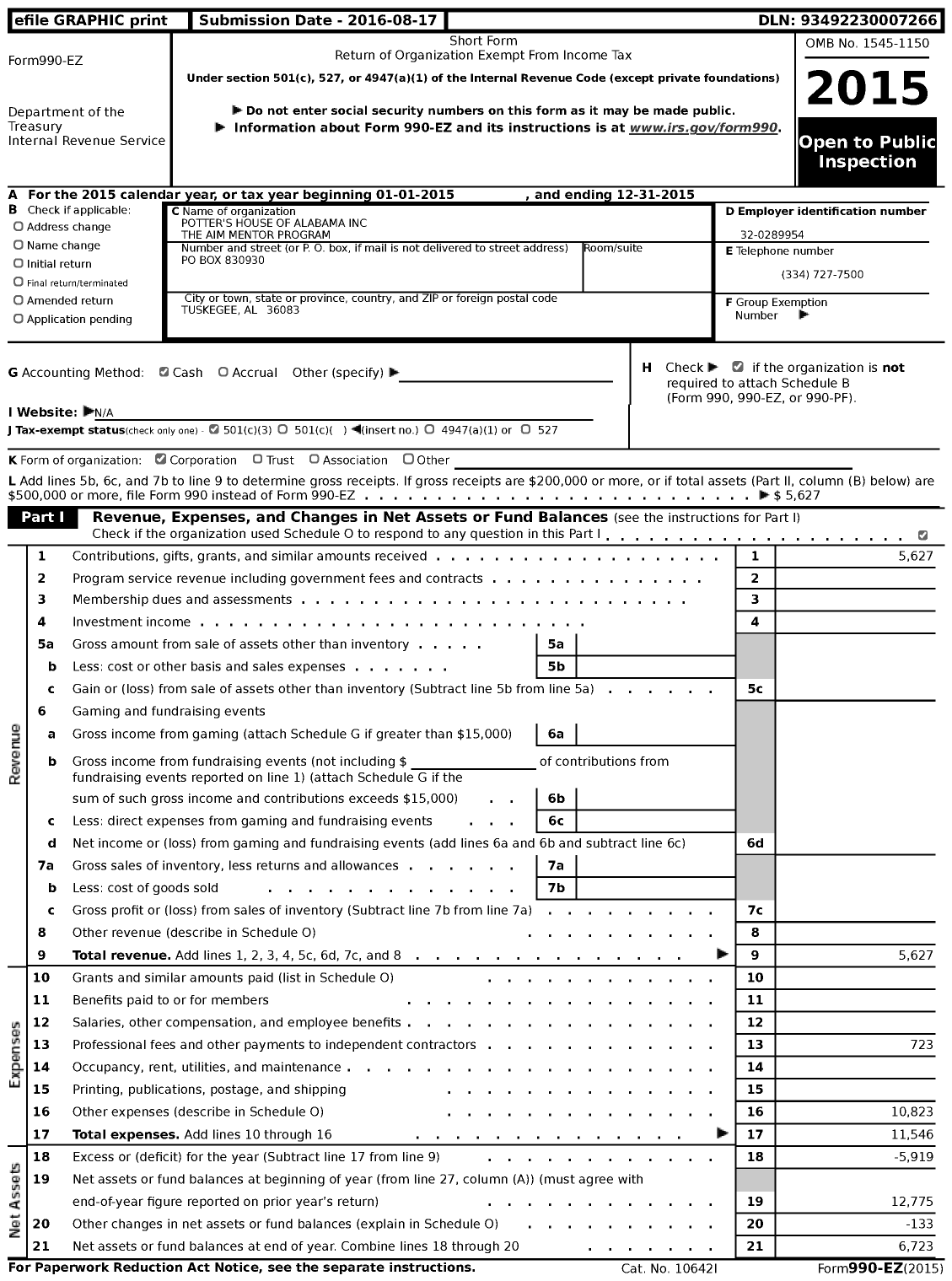 Image of first page of 2015 Form 990EZ for Potter's House of Alabama the Aim Mentor Program