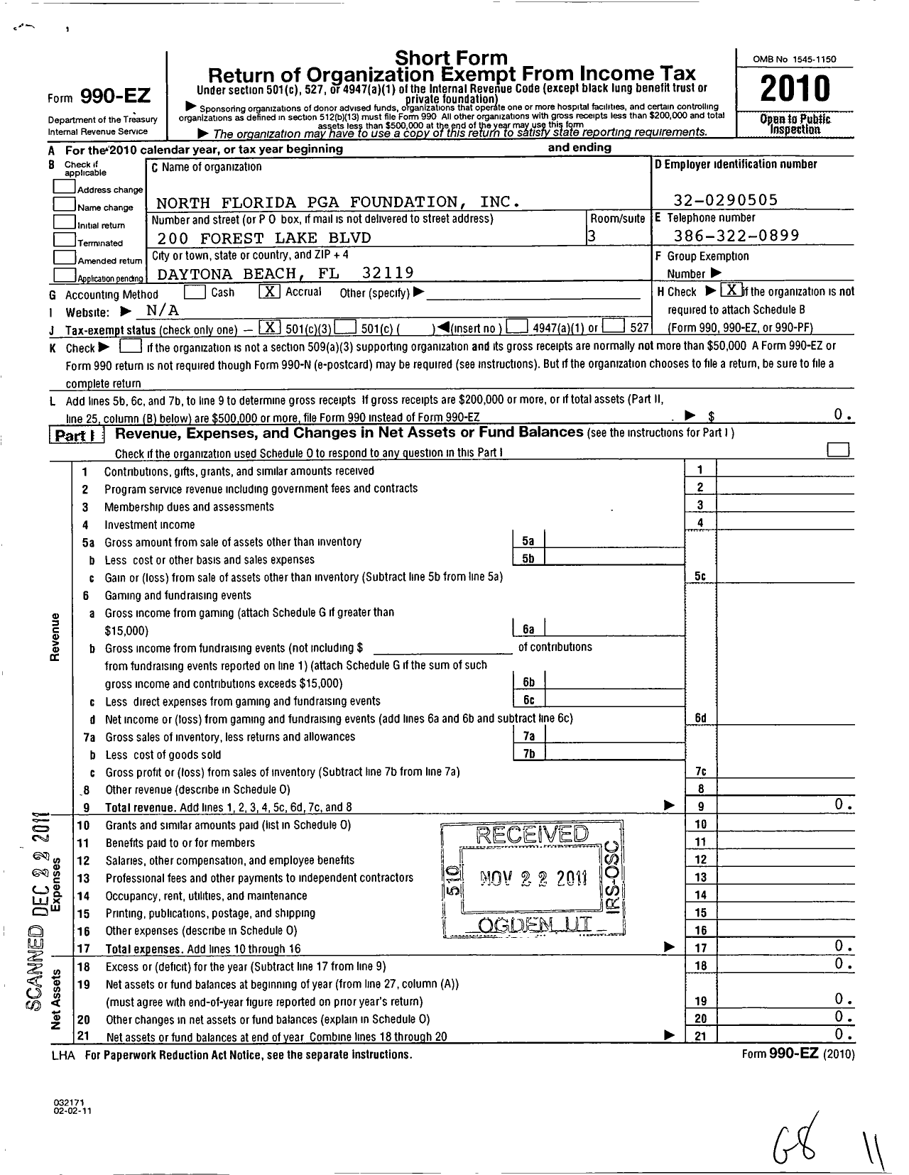 Image of first page of 2010 Form 990EZ for North Florida Pga Foundation