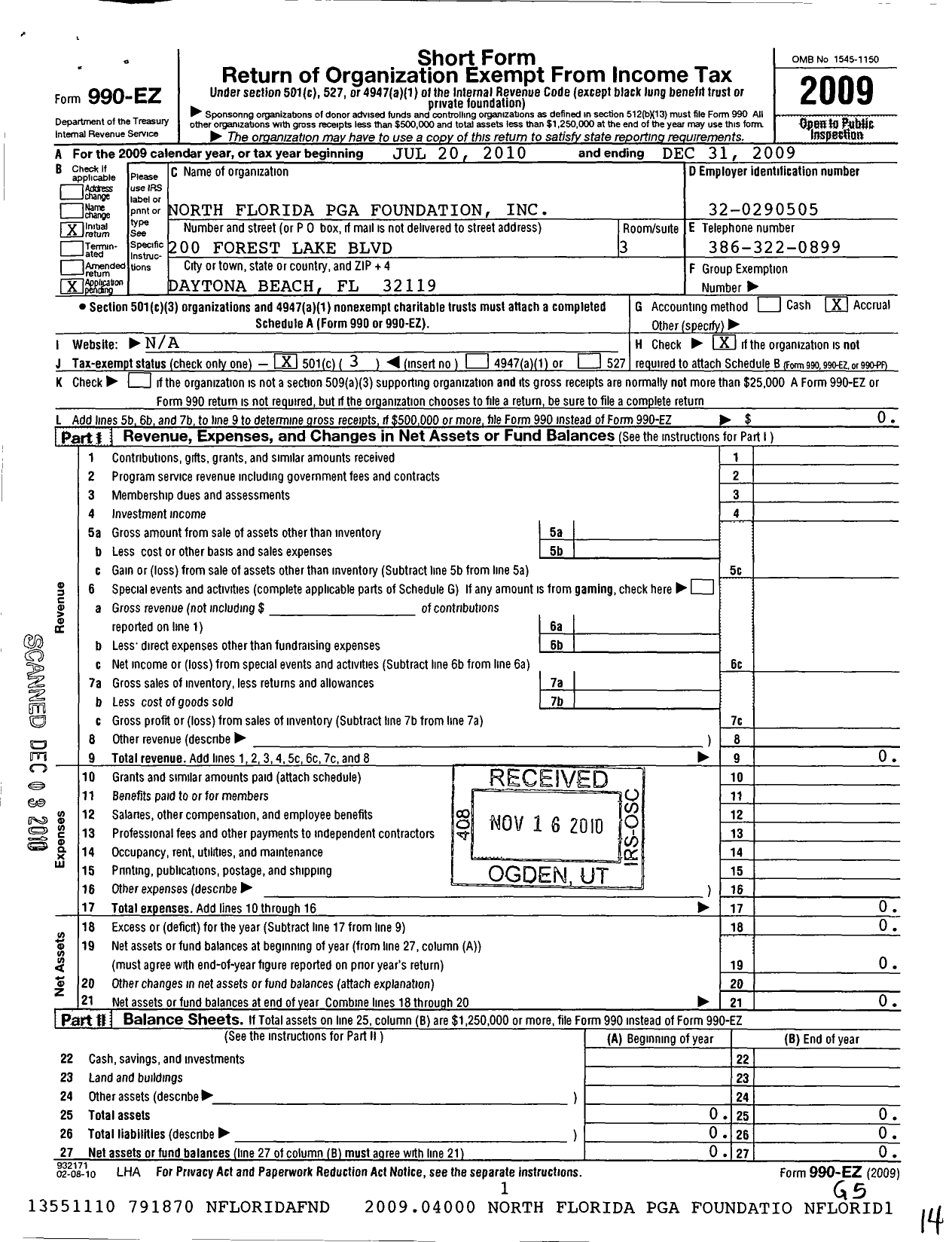 Image of first page of 2009 Form 990EZ for North Florida Pga Foundation