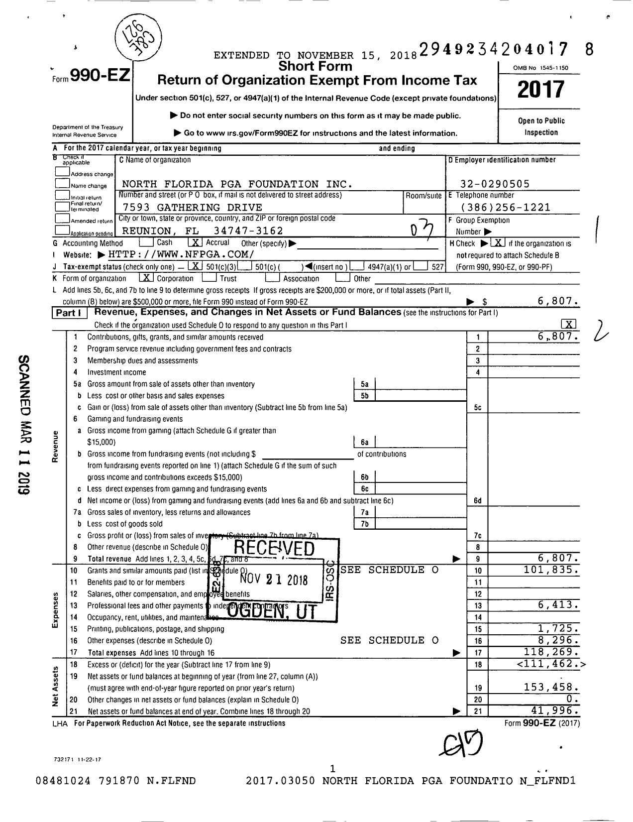 Image of first page of 2017 Form 990EZ for North Florida Pga Foundation