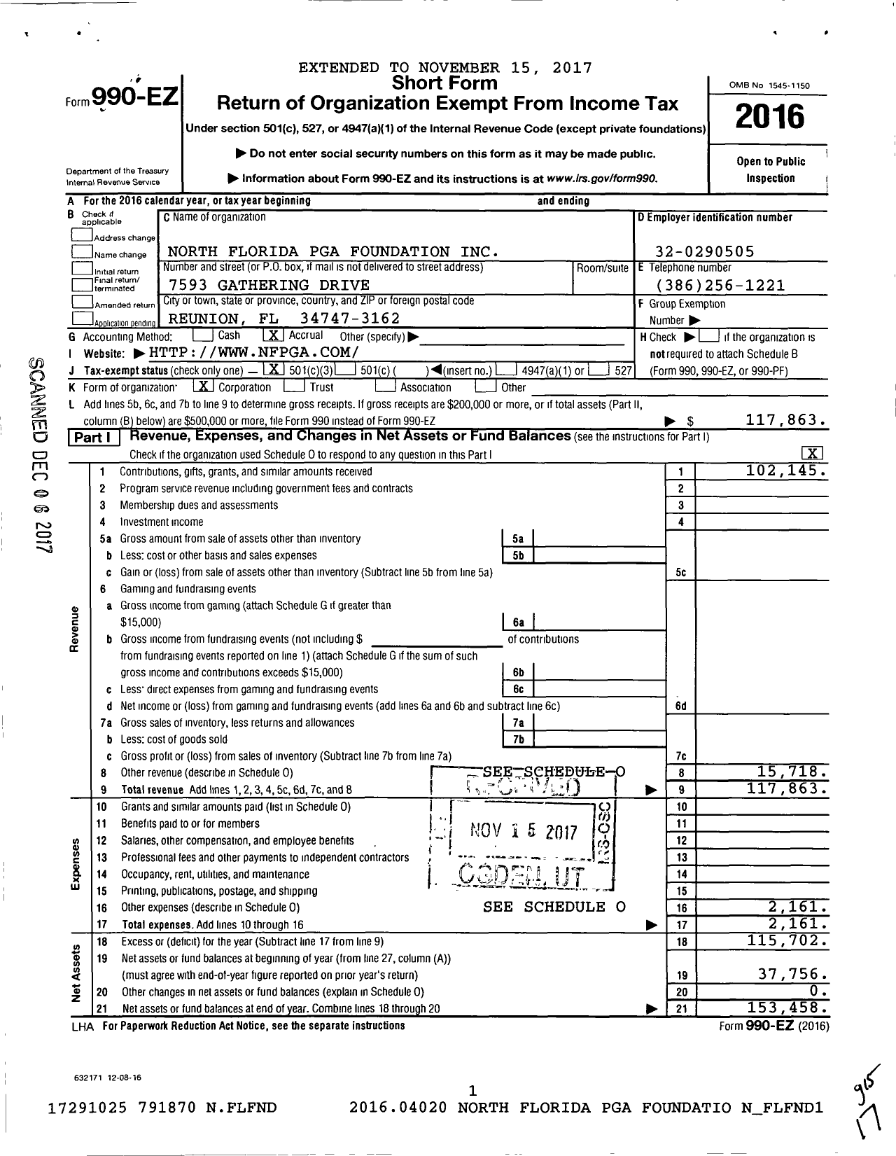 Image of first page of 2016 Form 990EZ for North Florida Pga Foundation