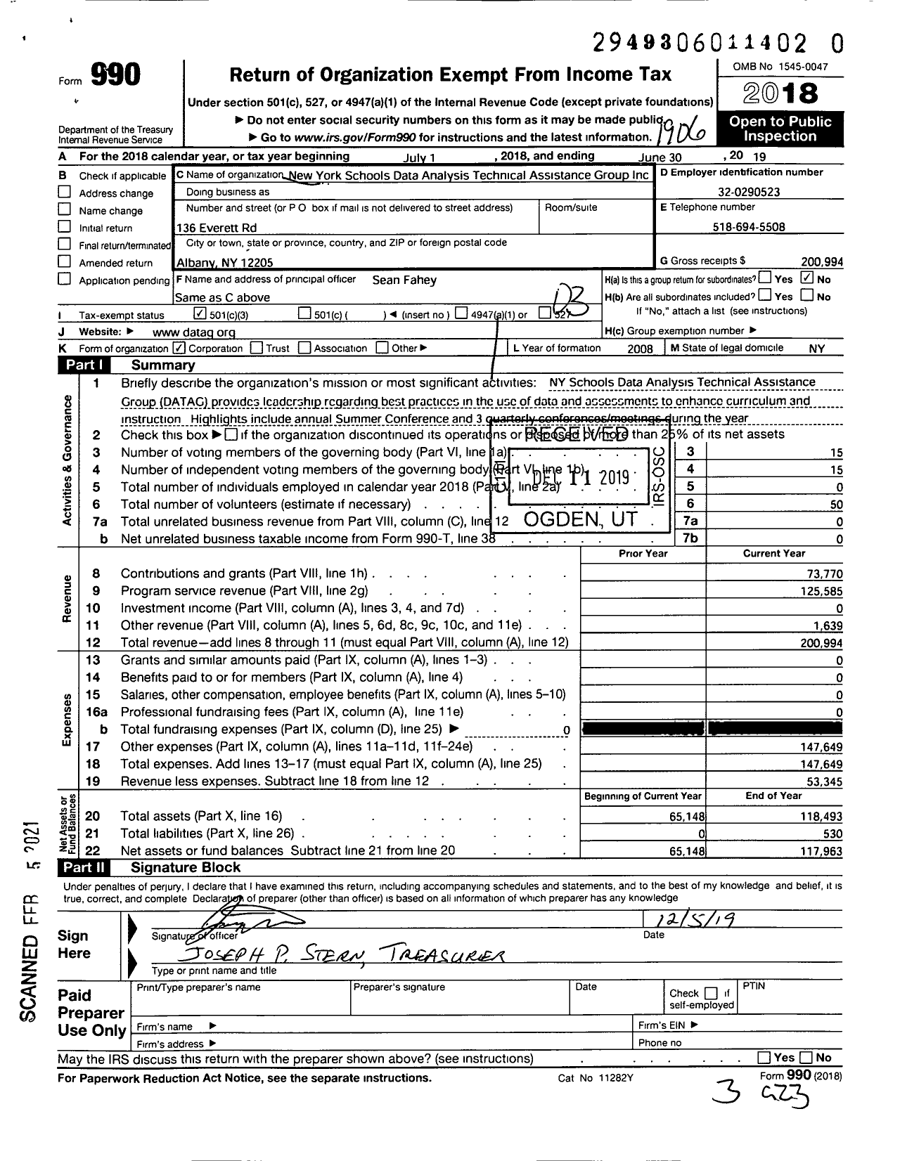 Image of first page of 2018 Form 990 for NY Schools Data Analysis Technical Assistance Group Datag