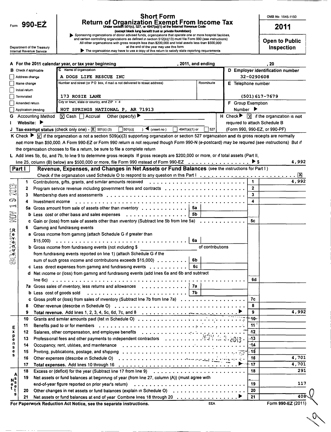 Image of first page of 2011 Form 990EZ for A Dogs Life Rescue