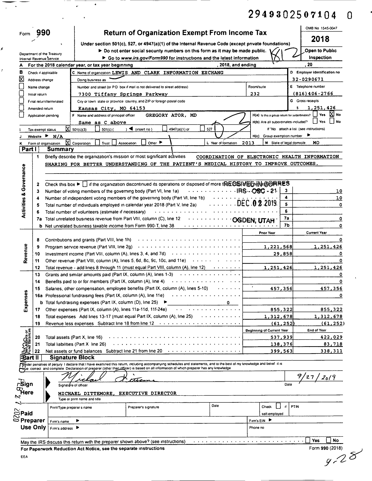 Image of first page of 2018 Form 990 for Lewis and Clark Information Exchange