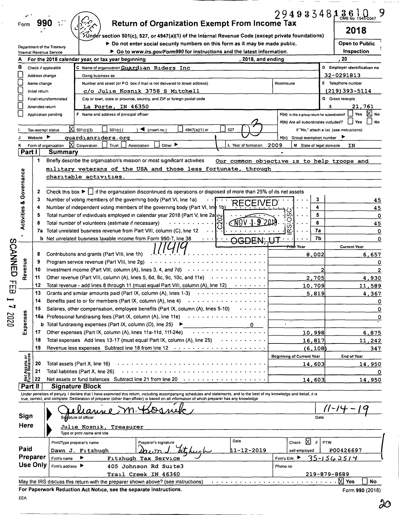 Image of first page of 2018 Form 990 for Guardian Riders