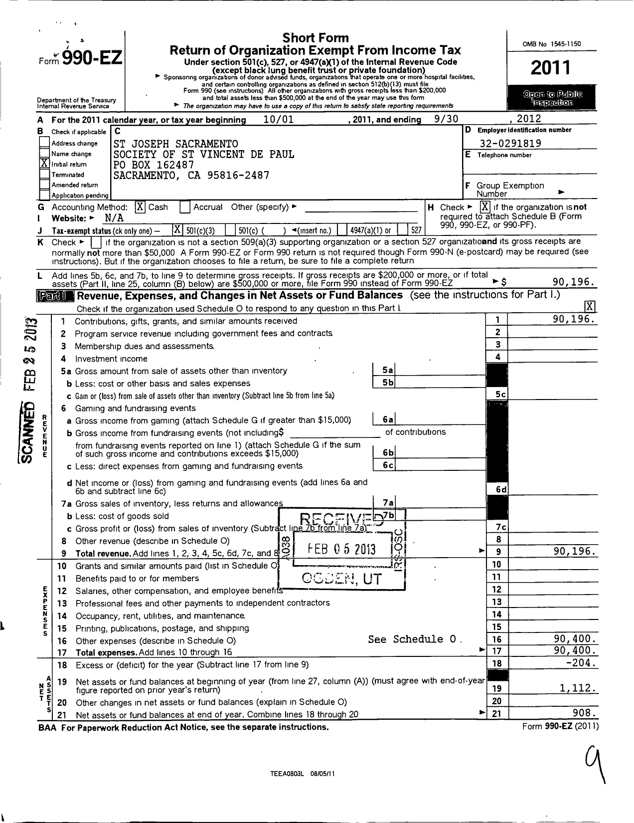 Image of first page of 2011 Form 990EZ for St Joseph Sacramento Society of Vincent de Paul