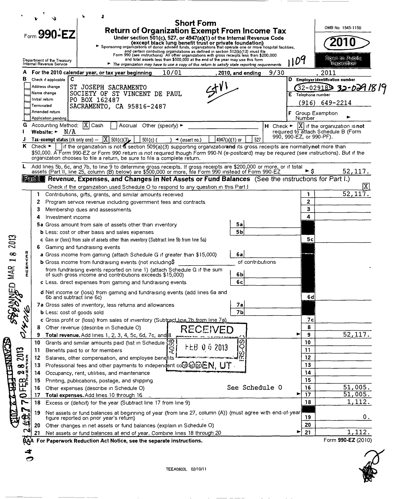 Image of first page of 2010 Form 990EZ for St Joseph Sacramento Society of Vincent de Paul