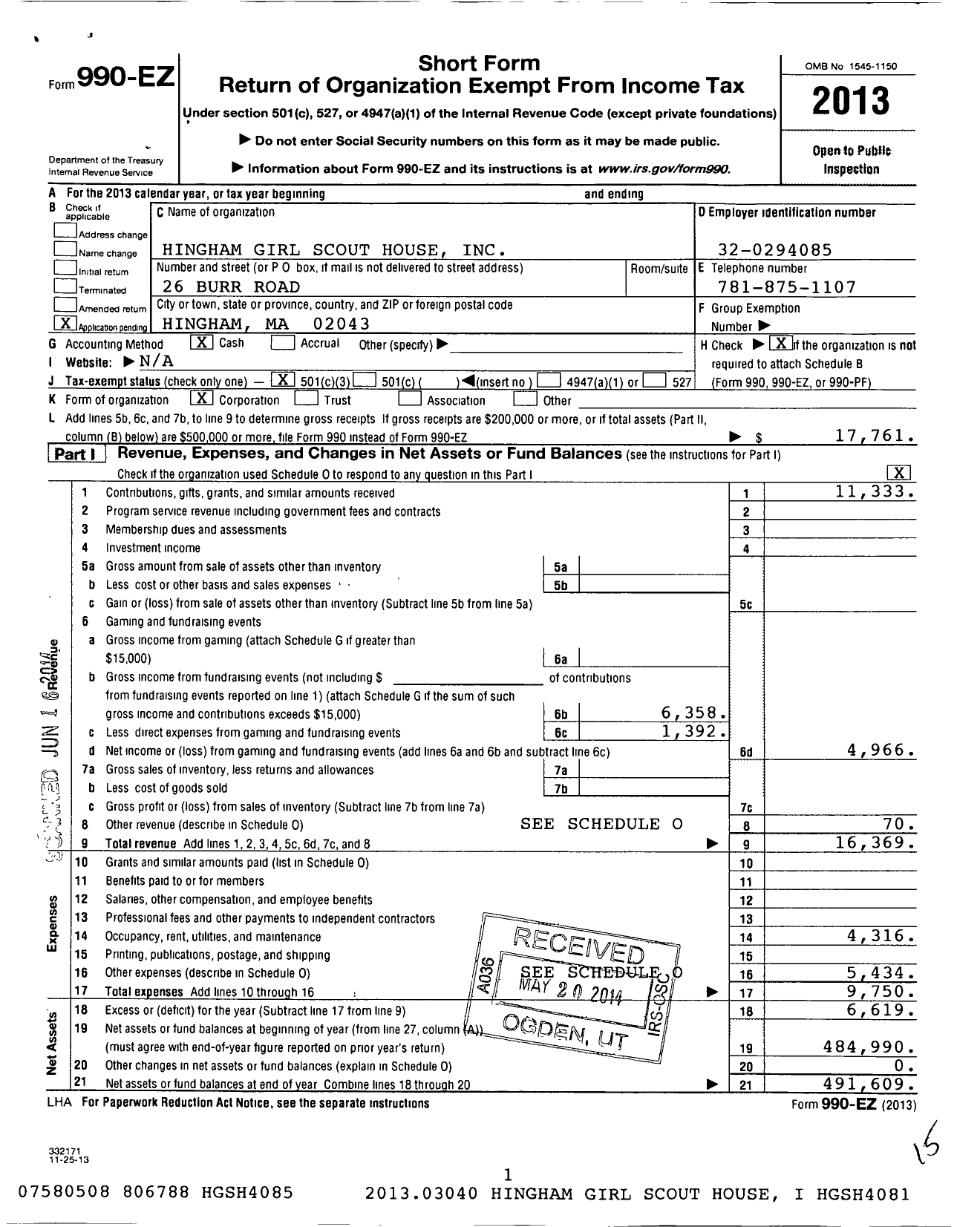 Image of first page of 2013 Form 990EZ for Hingham Girl Scout House