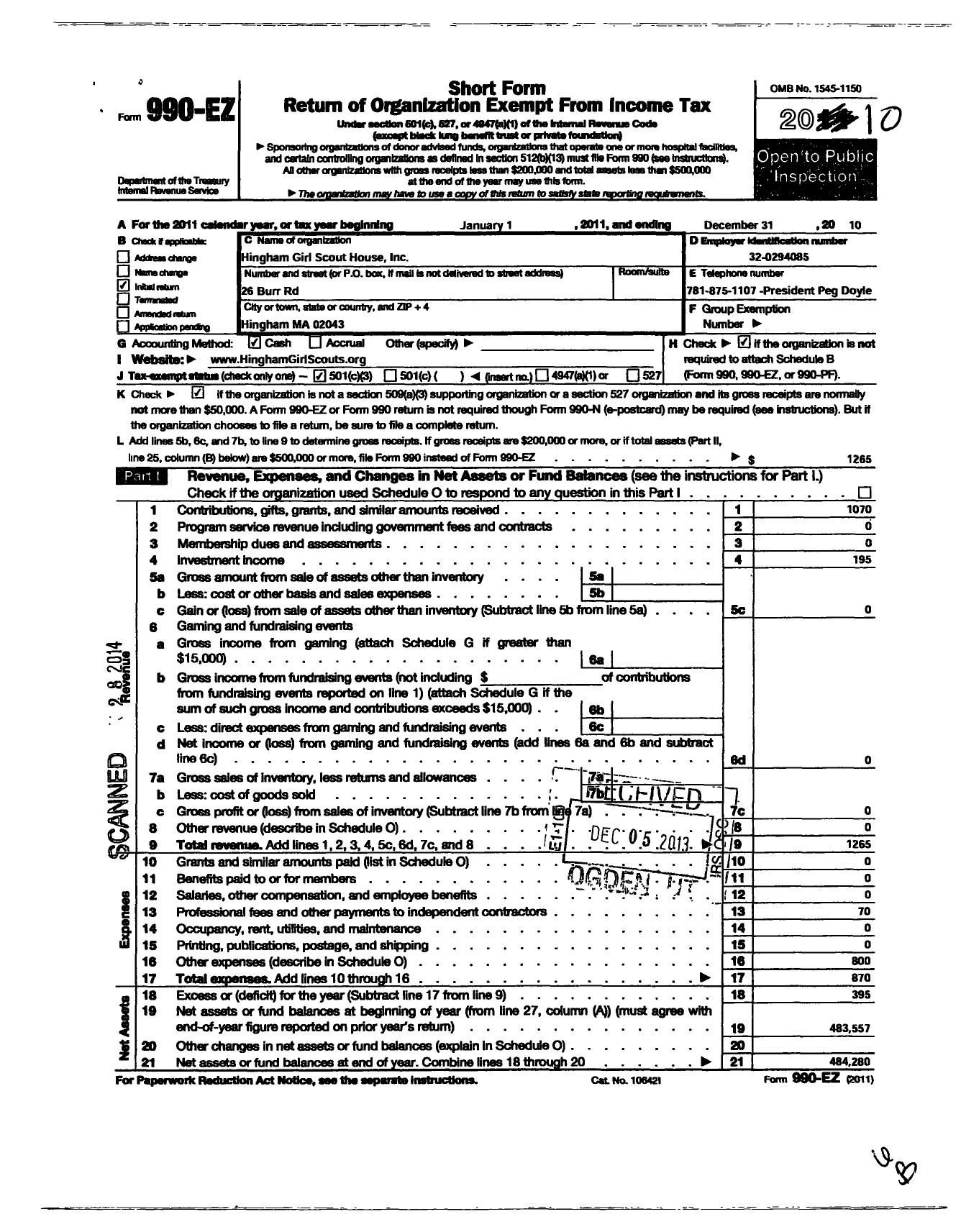 Image of first page of 2010 Form 990EZ for Hingham Girl Scout House