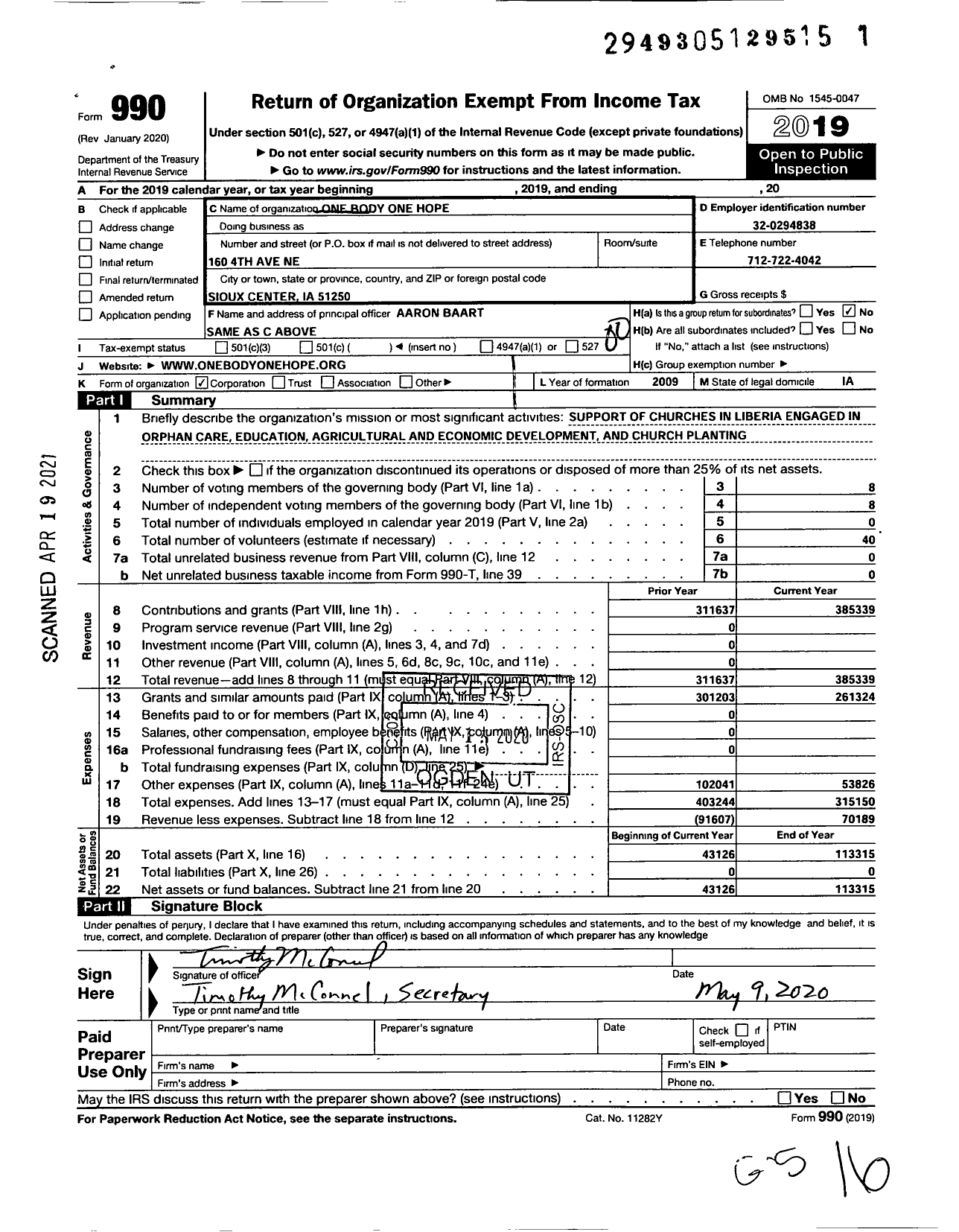 Image of first page of 2019 Form 990O for One Body One Hope