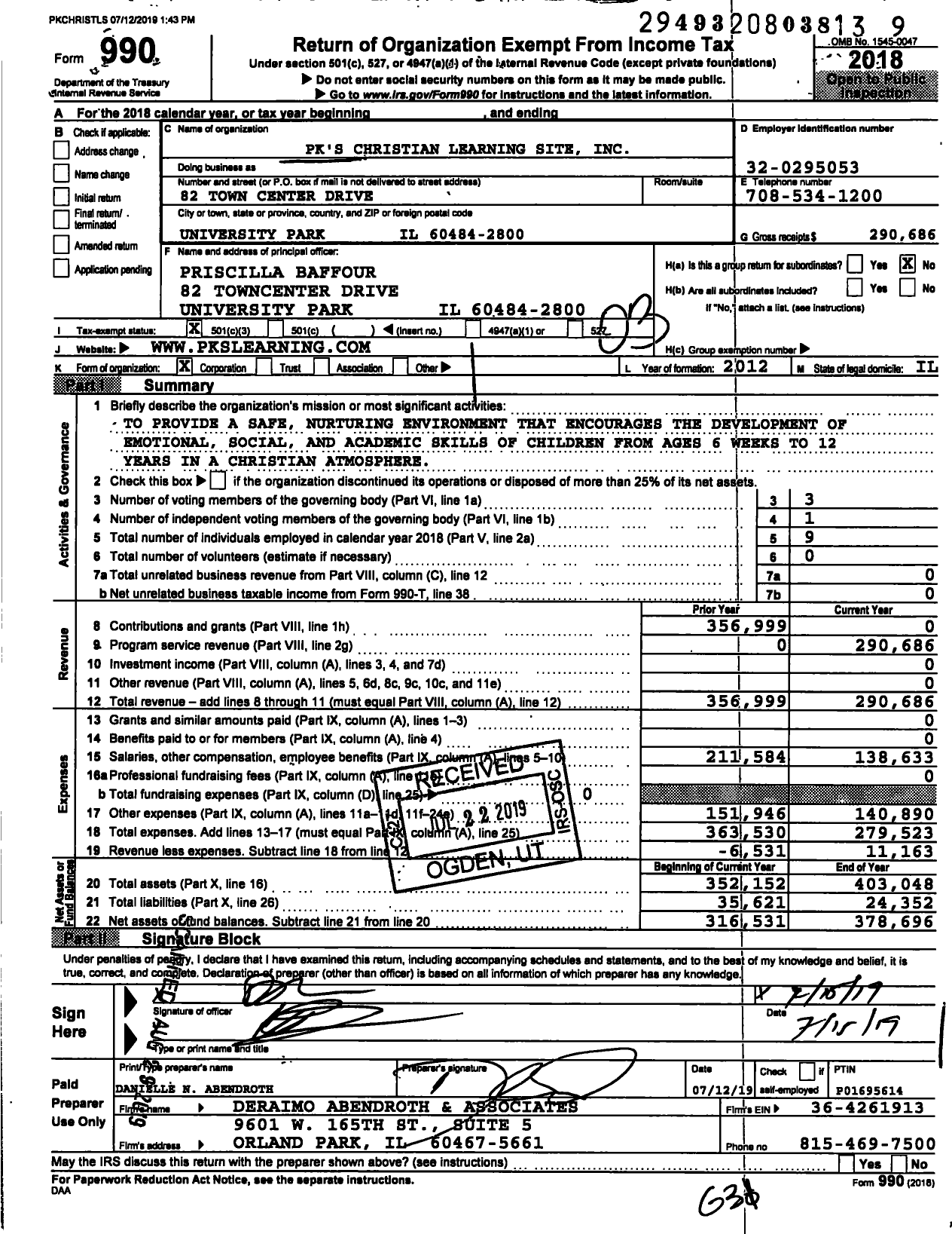 Image of first page of 2018 Form 990 for PK'S Christian Learning Site