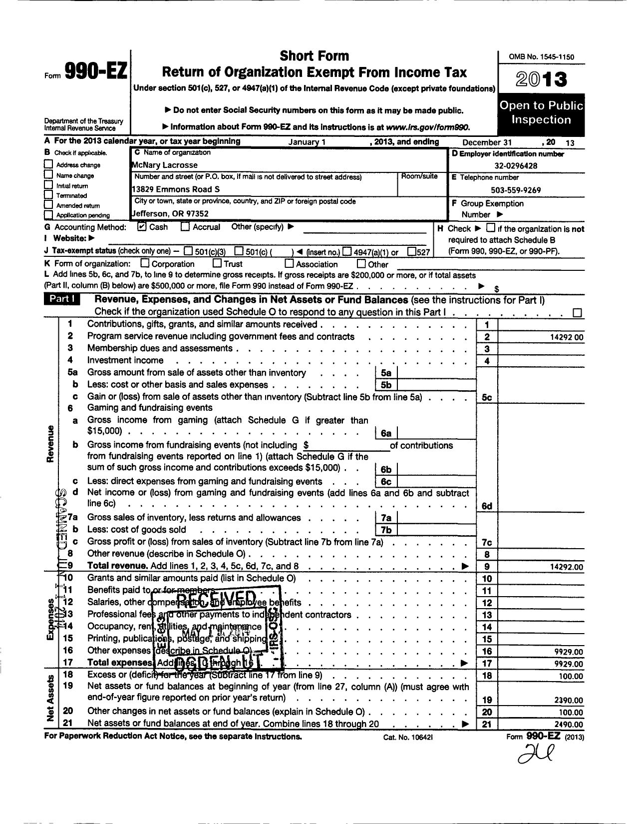 Image of first page of 2013 Form 990EO for Mcnary Lacrosse