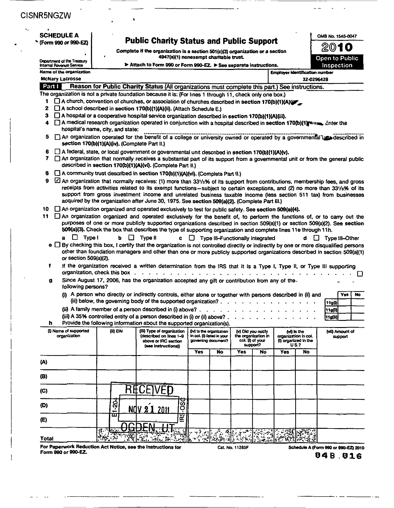 Image of first page of 2010 Form 990ER for Mcnary Lacrosse