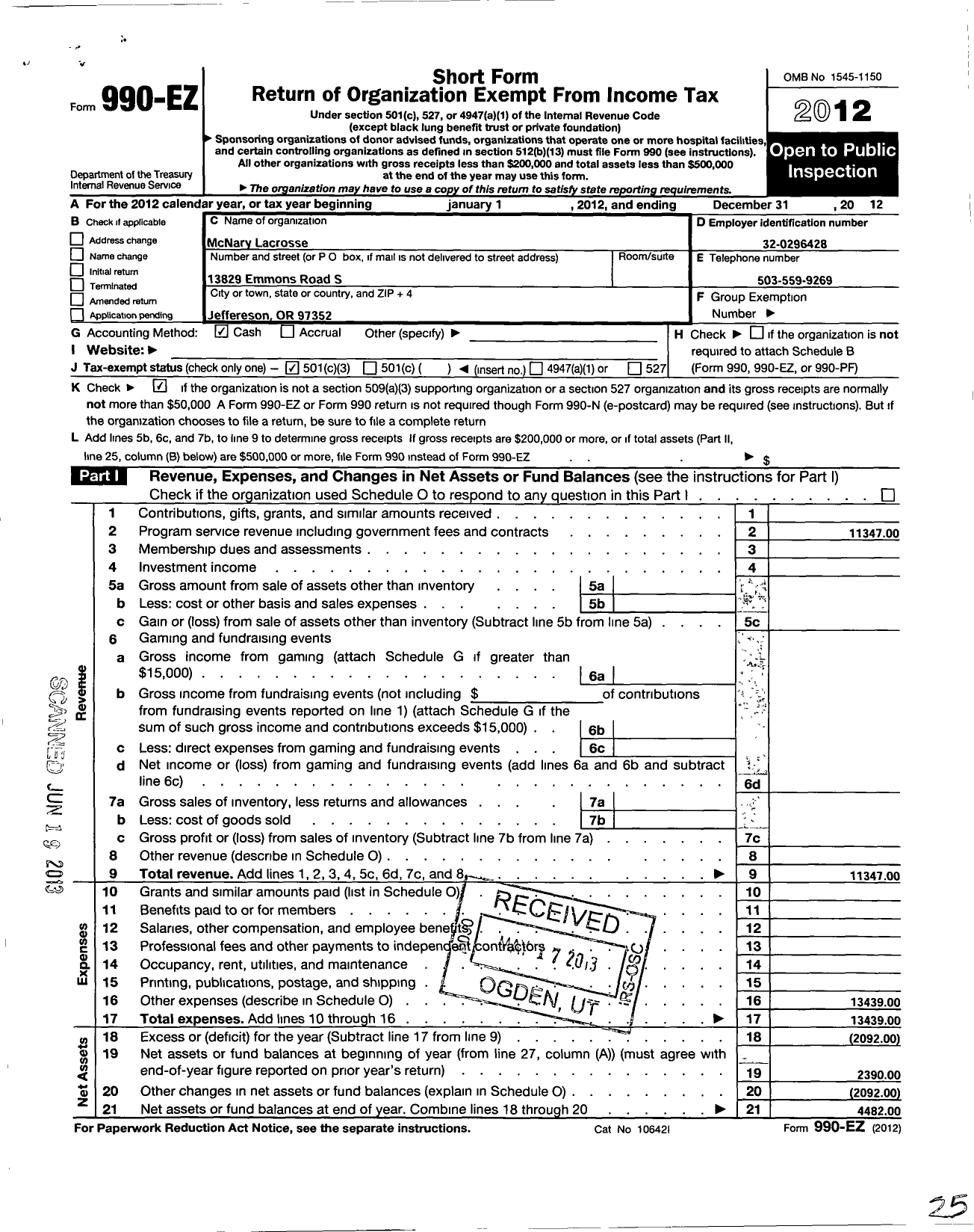 Image of first page of 2012 Form 990EZ for Mcnary Lacrosse