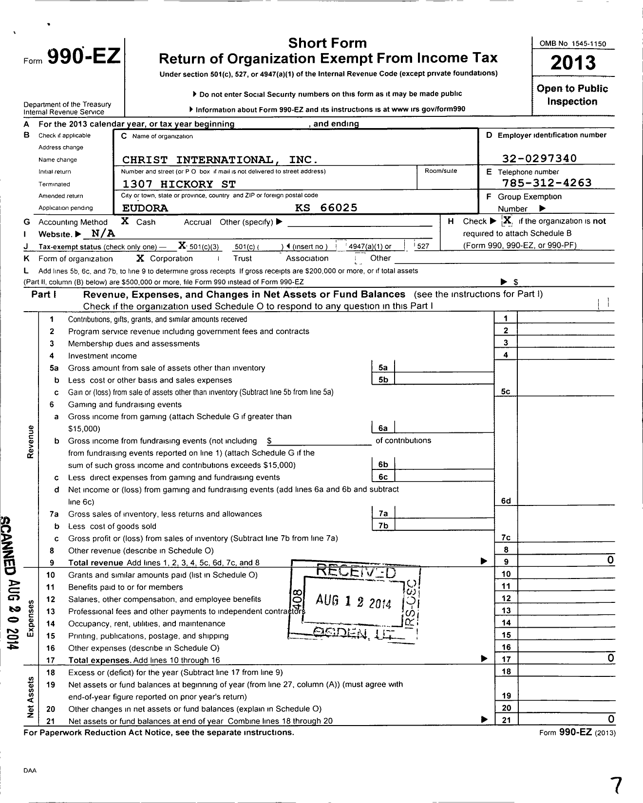 Image of first page of 2013 Form 990EZ for Christ International