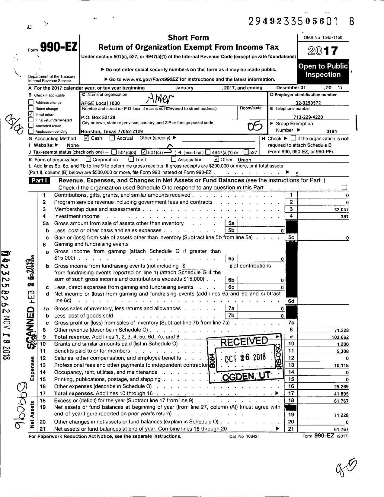 Image of first page of 2017 Form 990EO for American Federation of Government Employees - 1030 Afge-Bop Local