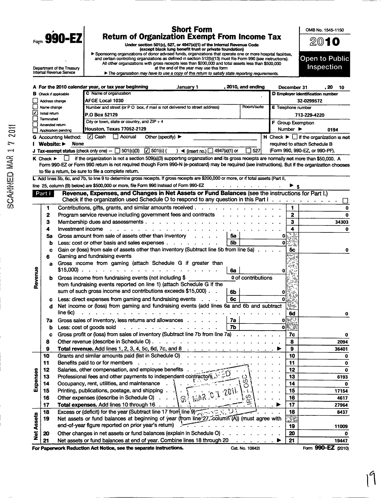 Image of first page of 2010 Form 990EO for American Federation of Government Employees - 1030 Afge-Bop Local