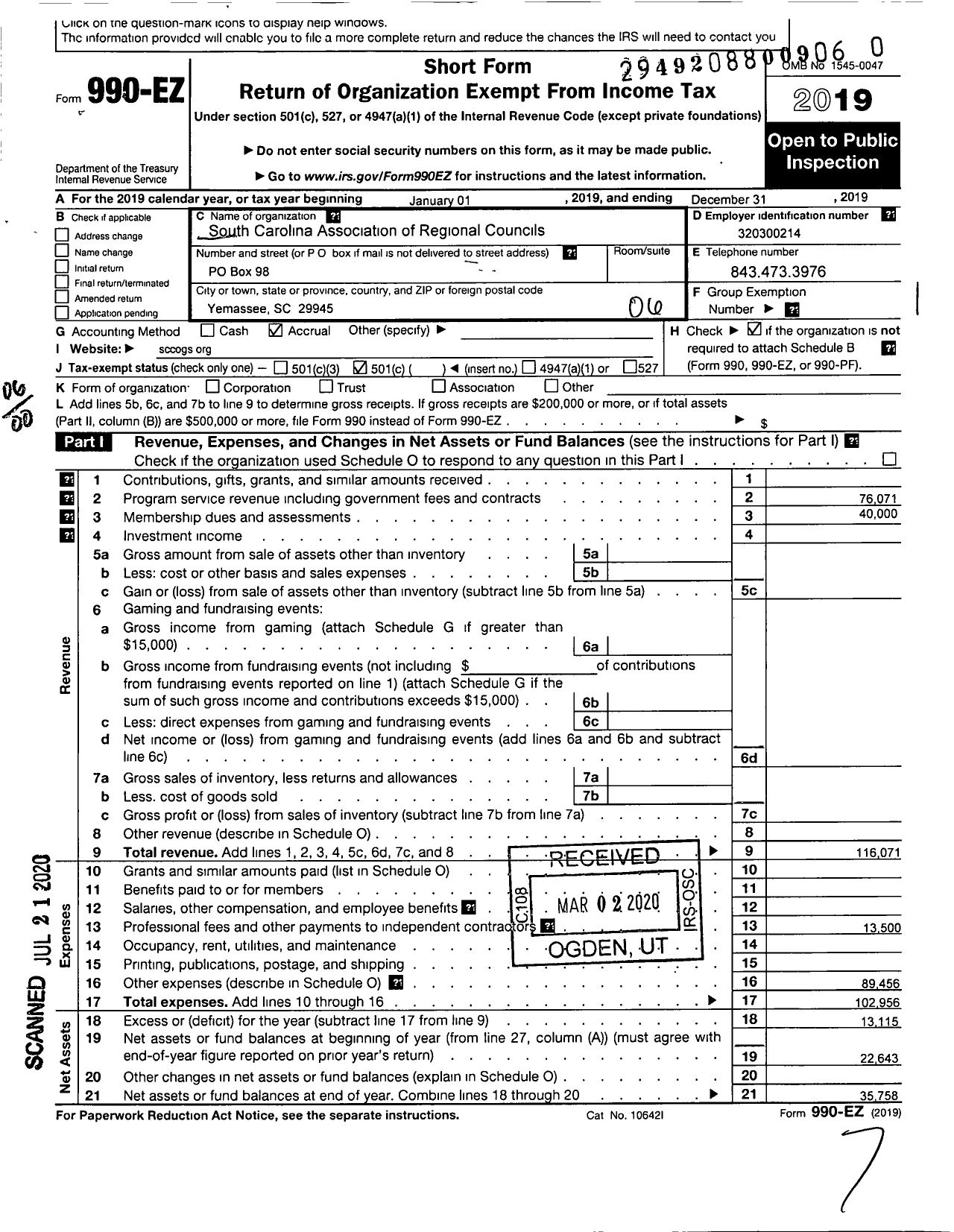 Image of first page of 2019 Form 990EO for South Carolina Assoc of Regional Councils