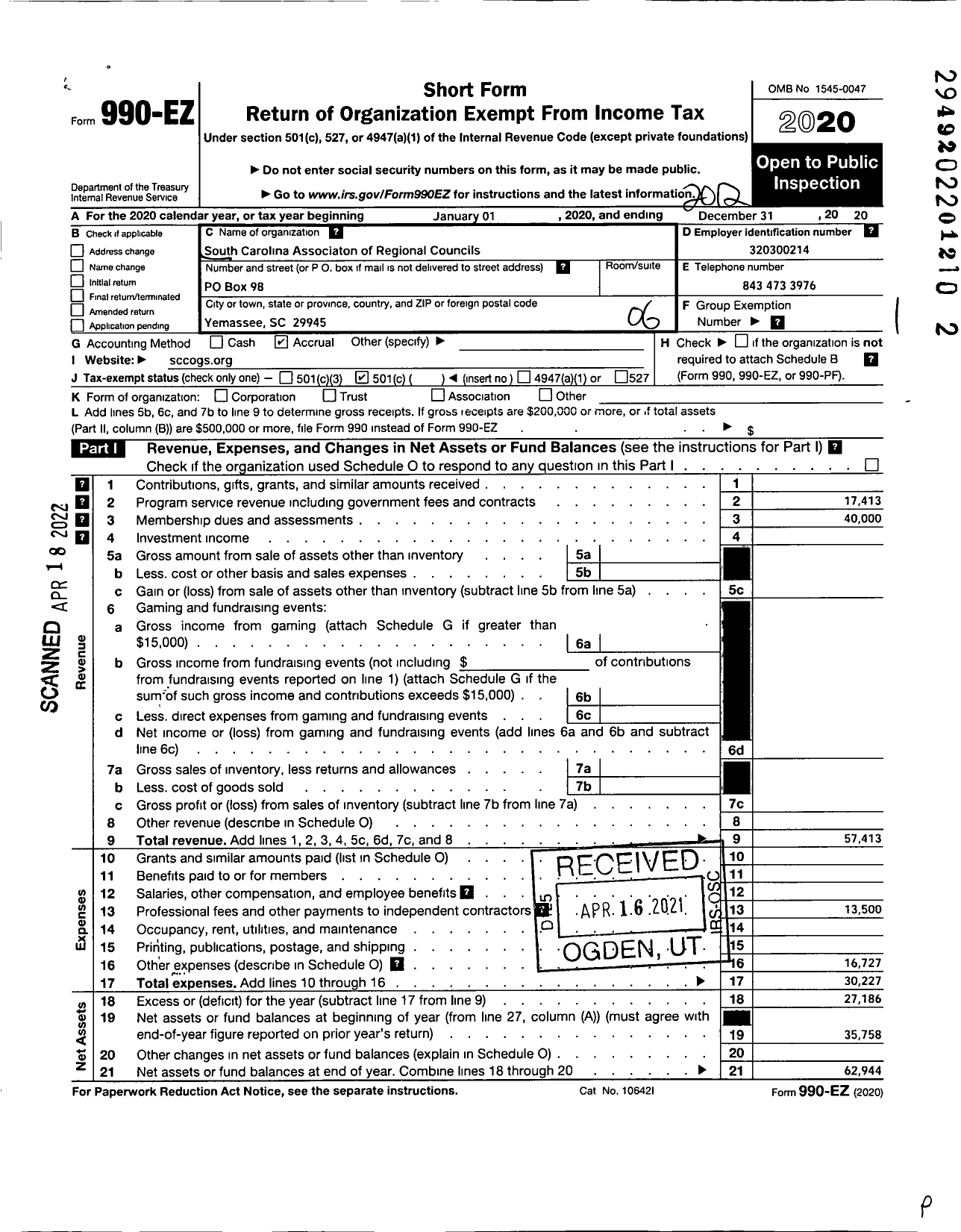 Image of first page of 2020 Form 990EO for South Carolina Assoc of Regional Councils