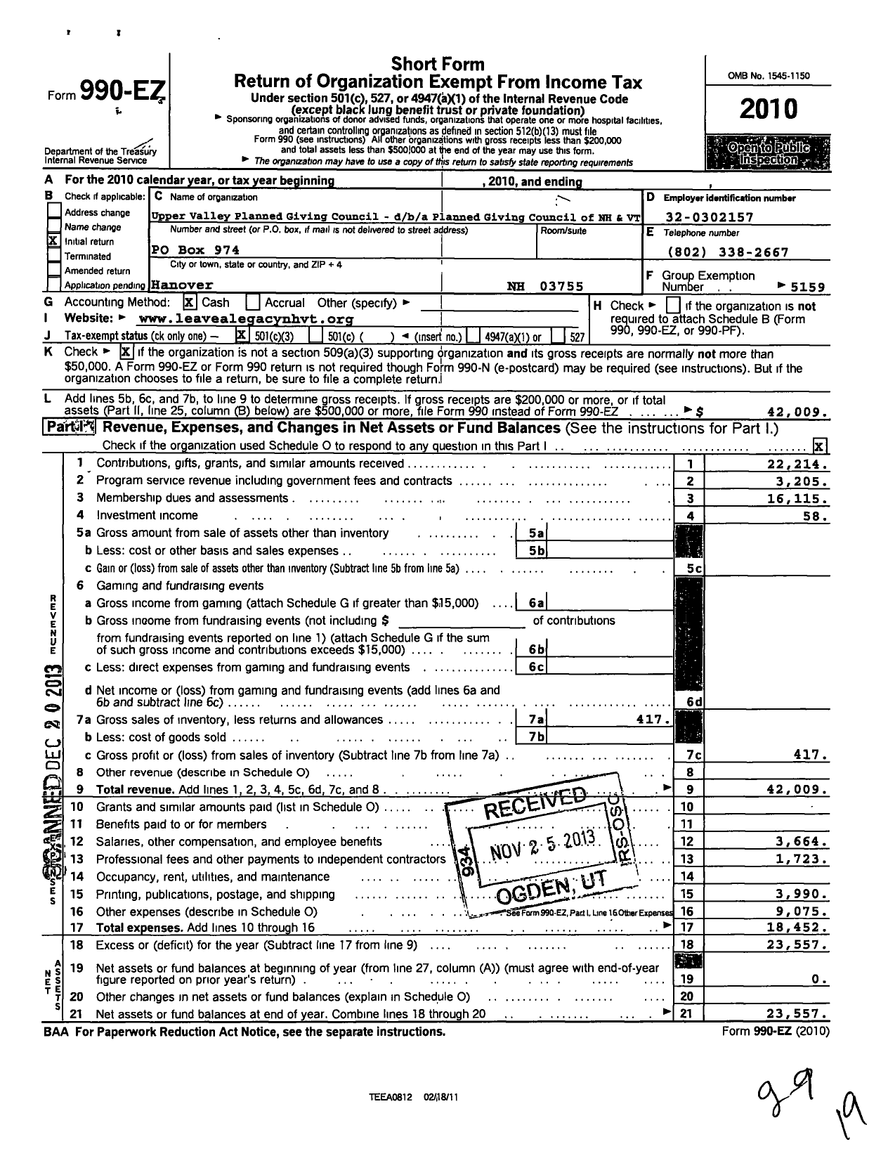 Image of first page of 2010 Form 990EZ for National Association of Charitable Gift Planners / Planned Giving Council of HN and VT