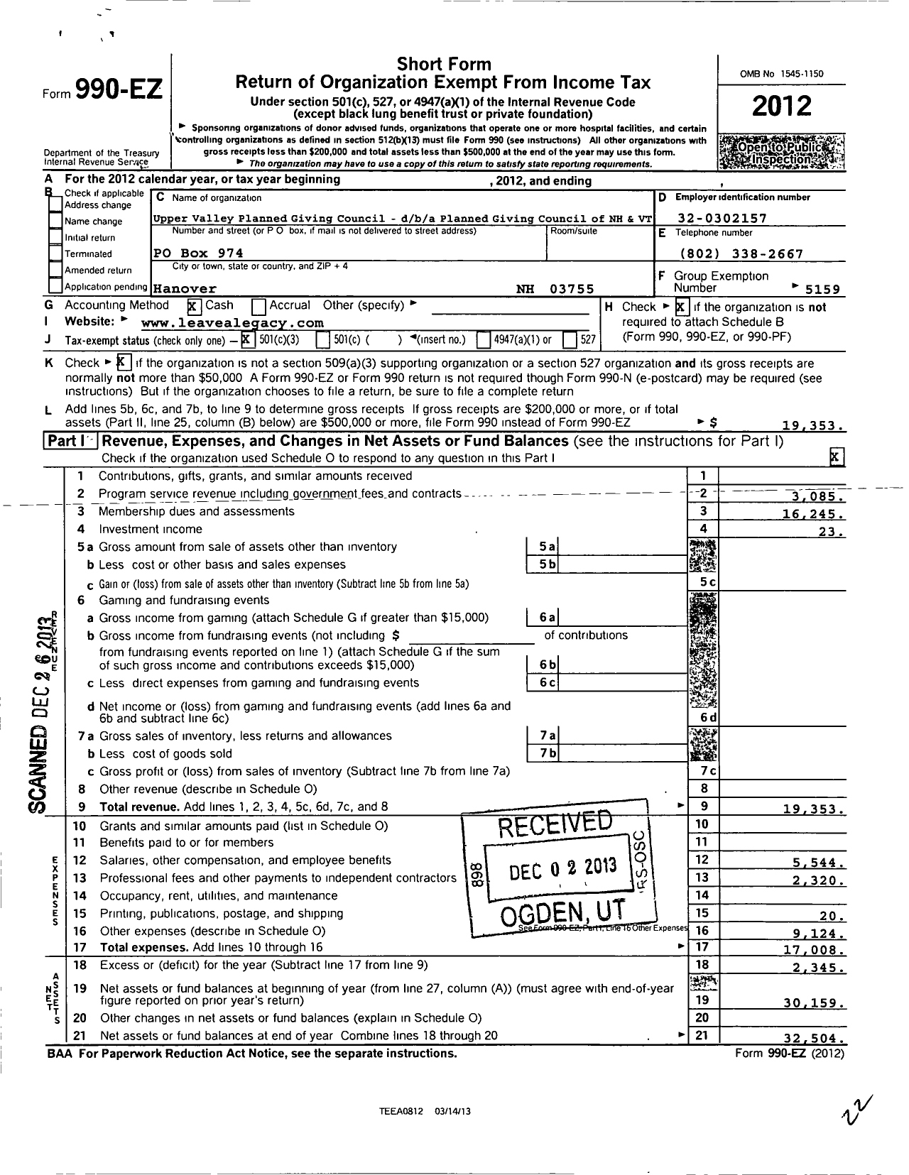 Image of first page of 2012 Form 990EZ for National Association of Charitable Gift Planners / Planned Giving Council of HN and VT