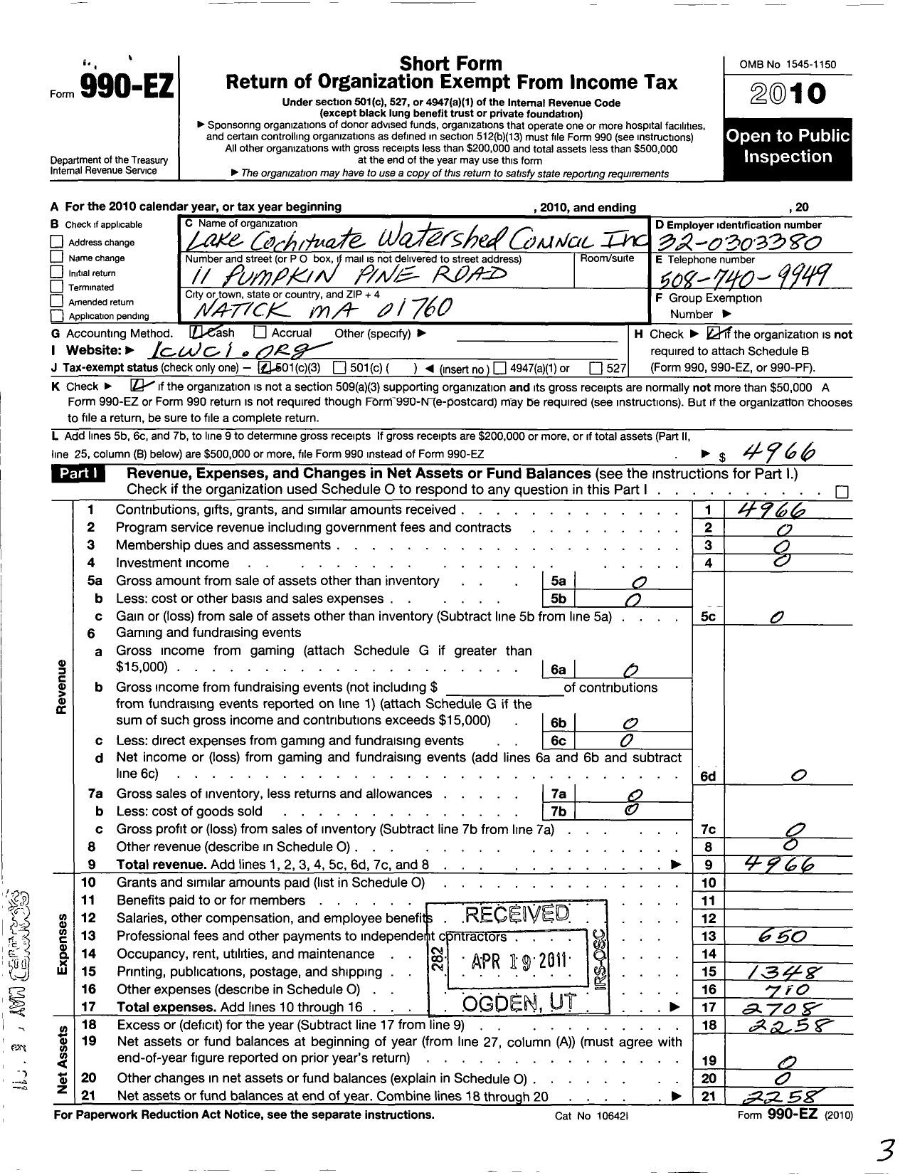 Image of first page of 2010 Form 990EZ for Lake Cochituate Watershed Council (LCWC)