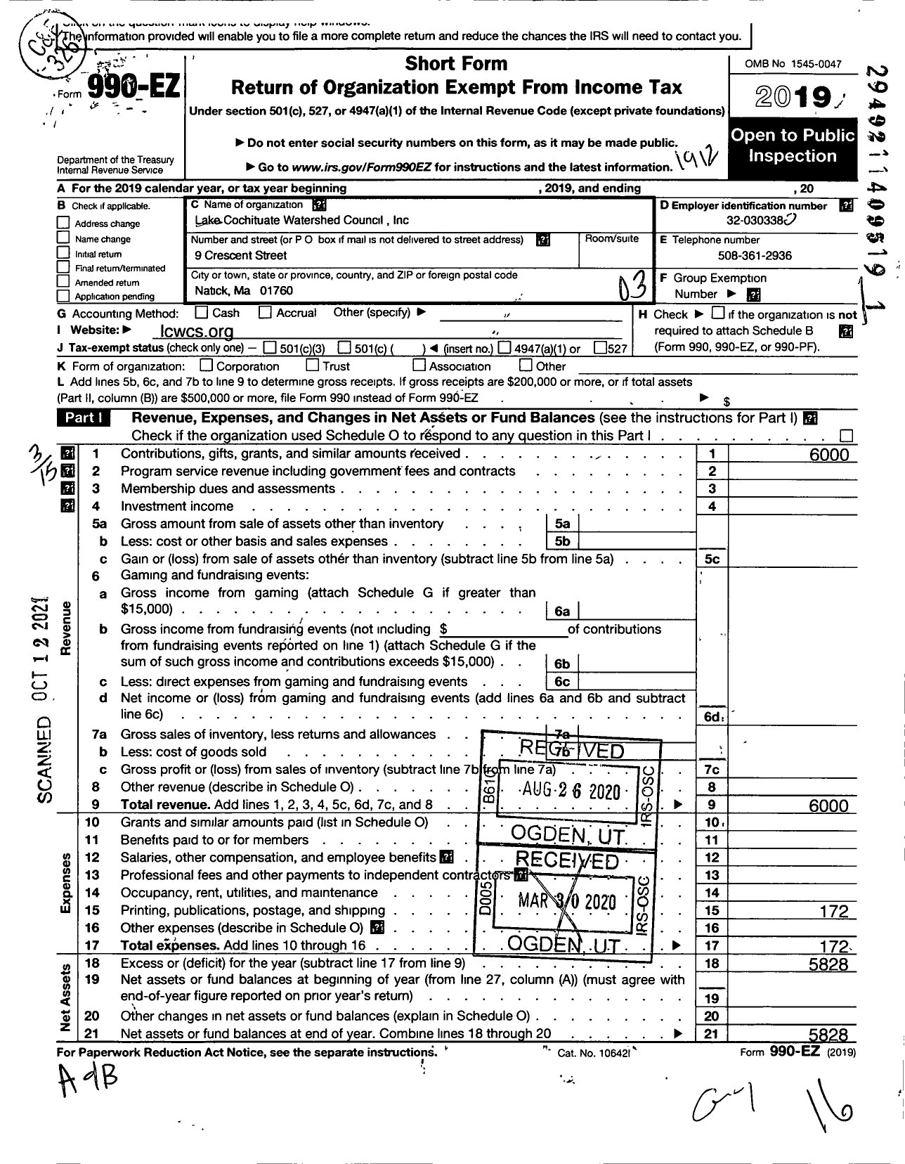 Image of first page of 2019 Form 990EZ for Lake Cochituate Watershed Council (LCWC)