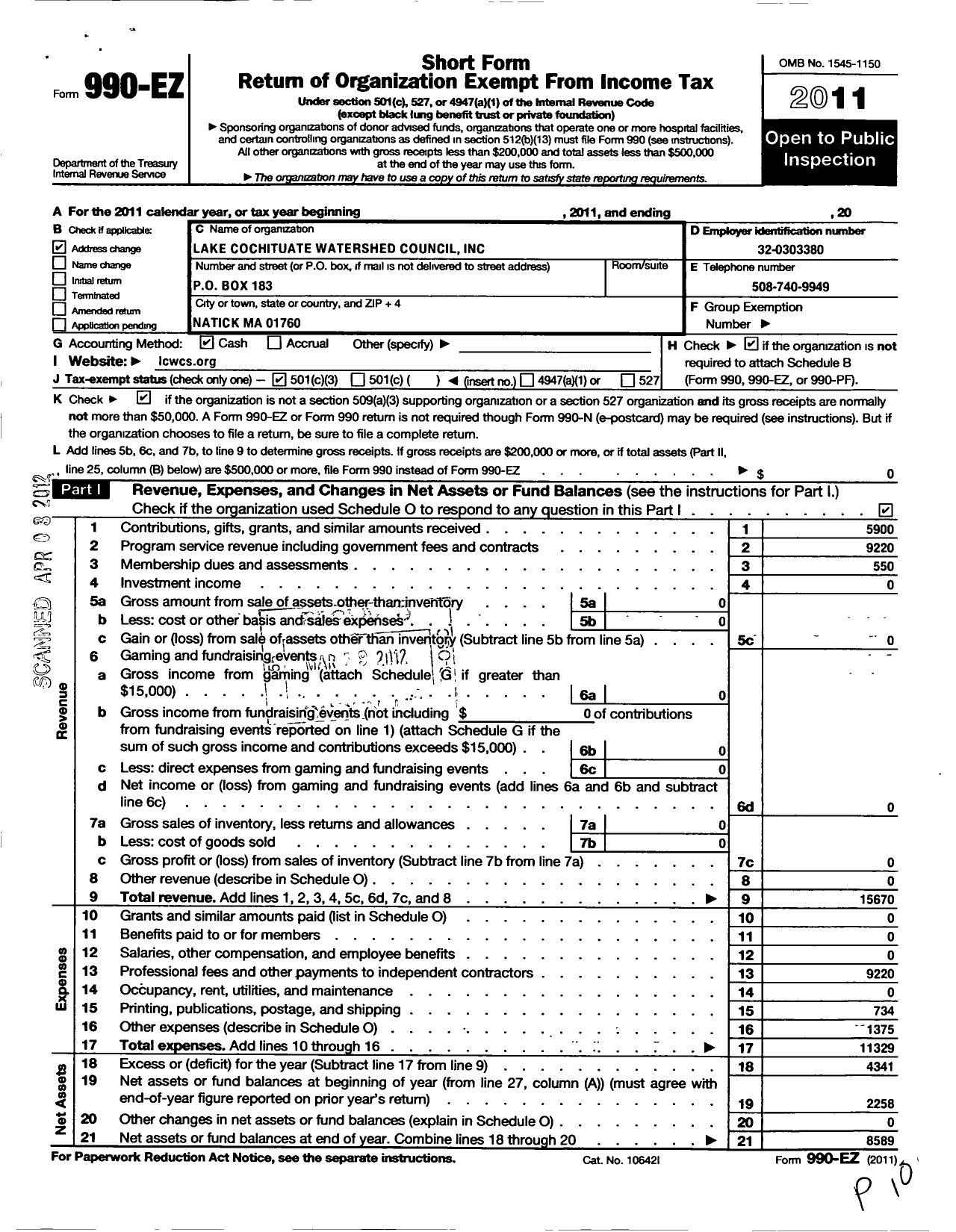 Image of first page of 2011 Form 990EZ for Lake Cochituate Watershed Council (LCWC)