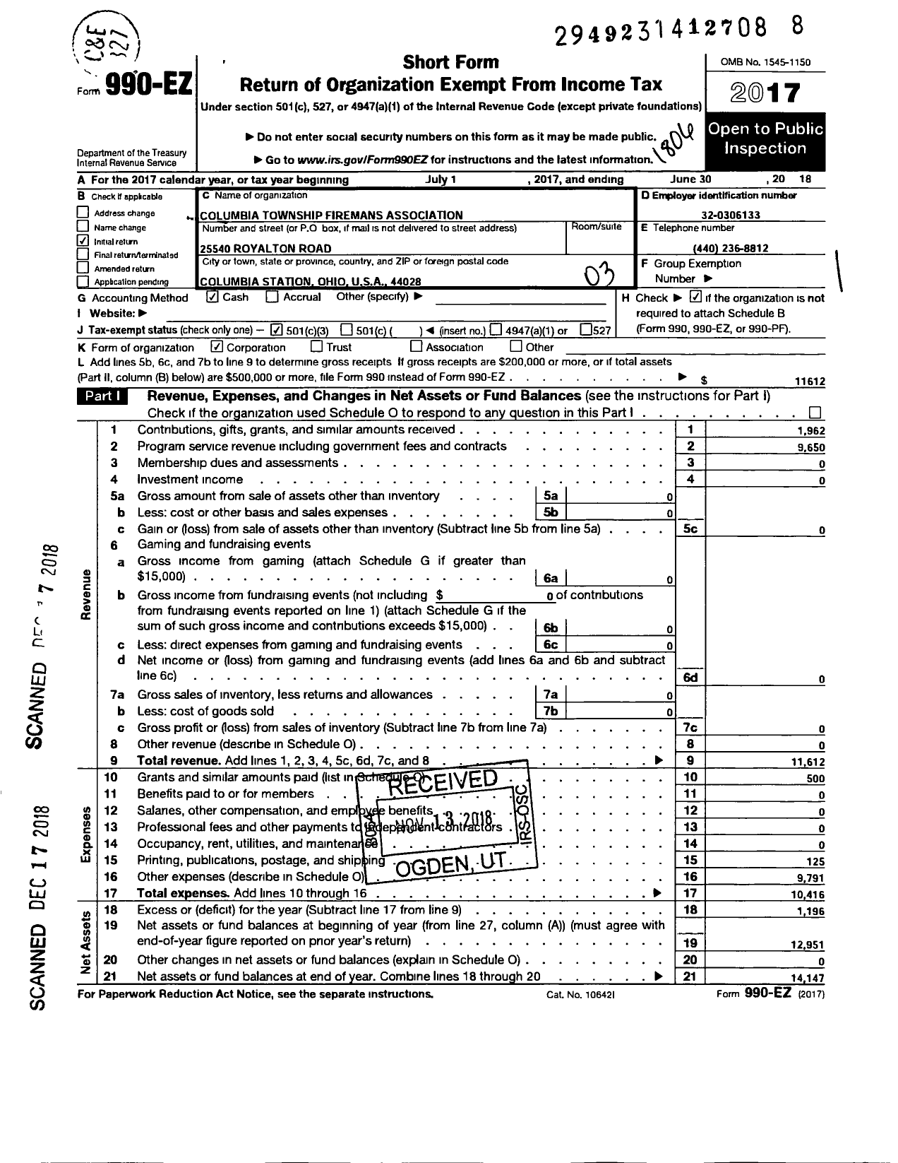 Image of first page of 2017 Form 990EZ for Columbia Township Firemans Association